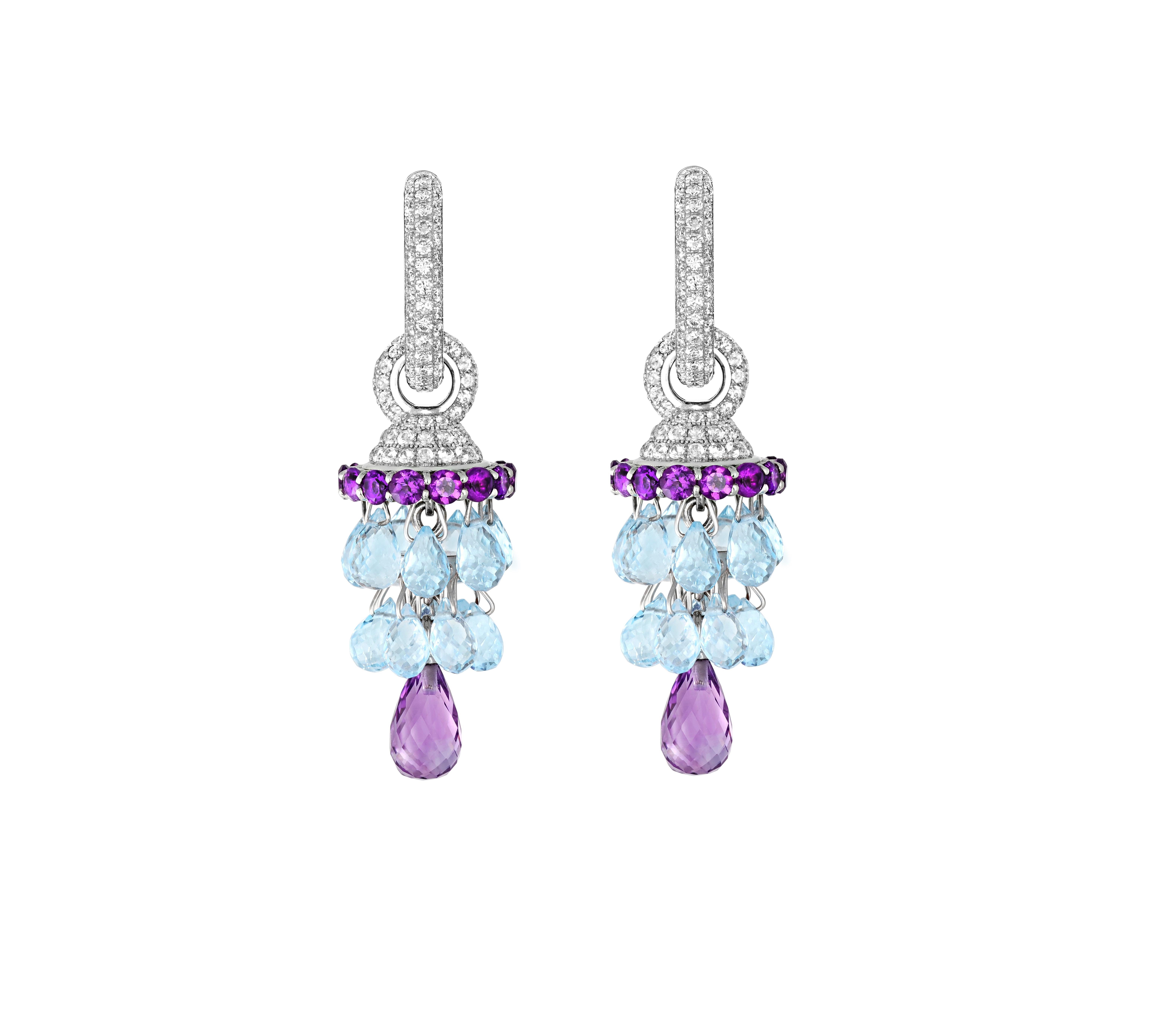 Boucles d'oreilles Chandelier Transformable en or massif 18 carats avec topazes naturelles en briolette, améthystes et diamants. Or massif 18 kt : vous pouvez choisir jaune ou blanc. Toutes les pierres précieuses sont naturelles. Les boucles