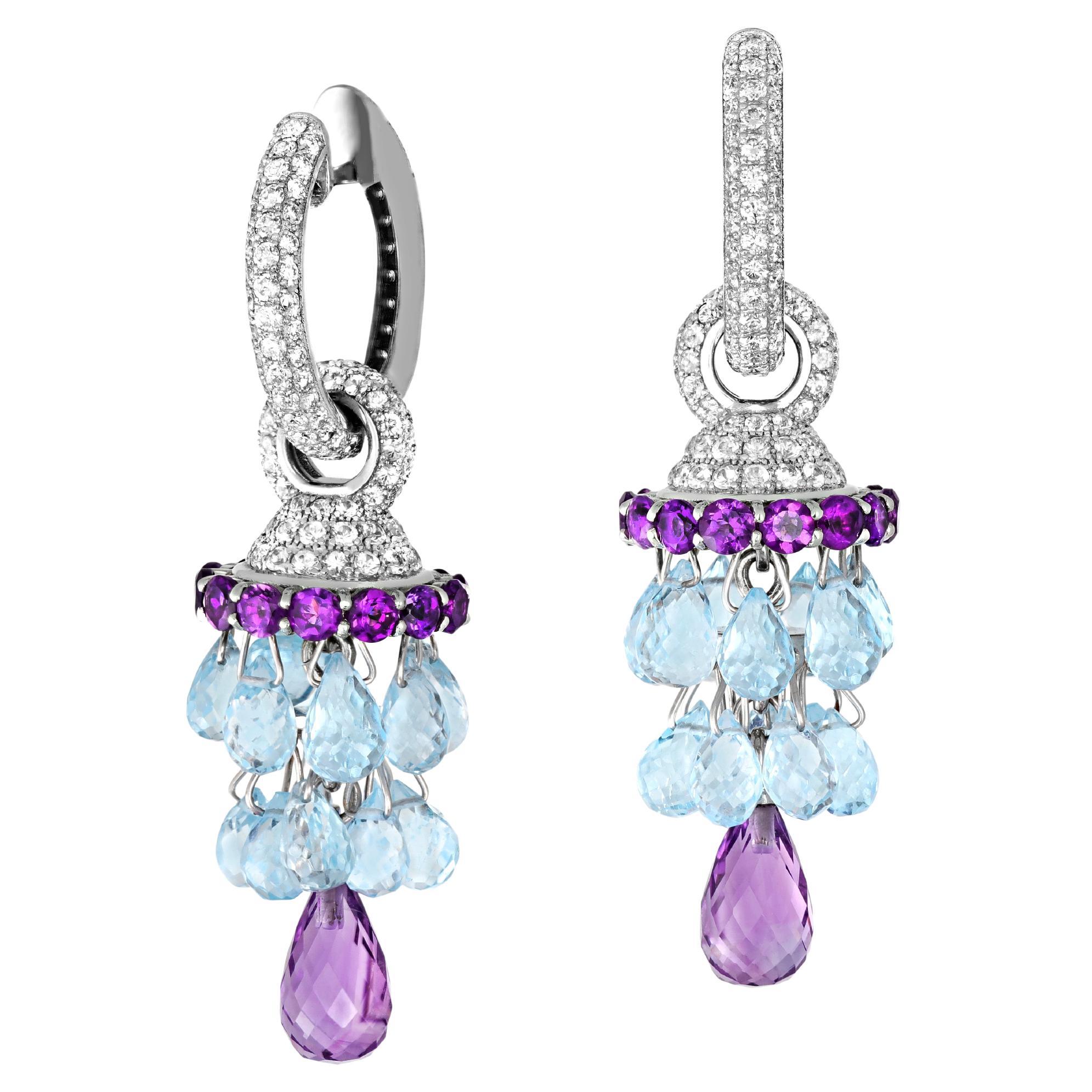 18k Gold Transformable Earrings with Briolette Topazes, Amethysts and Diamonds For Sale