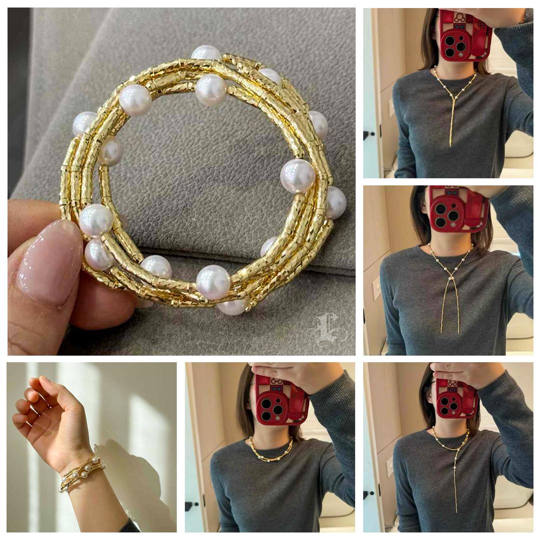 【Lustre Arc】Convertible 5-Wege Akoya Perle & Gold Layered Pullover Halskette (Ungeschliffen) im Angebot