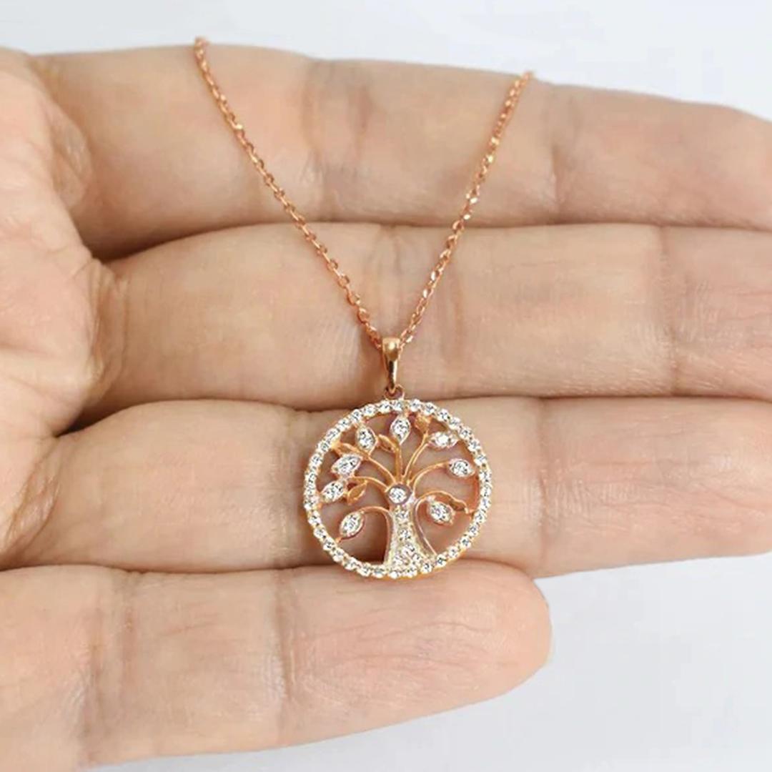 Round Cut 18k Gold Tree of Life Necklace Gold Spiritual Necklace Tree of Life Pendant For Sale