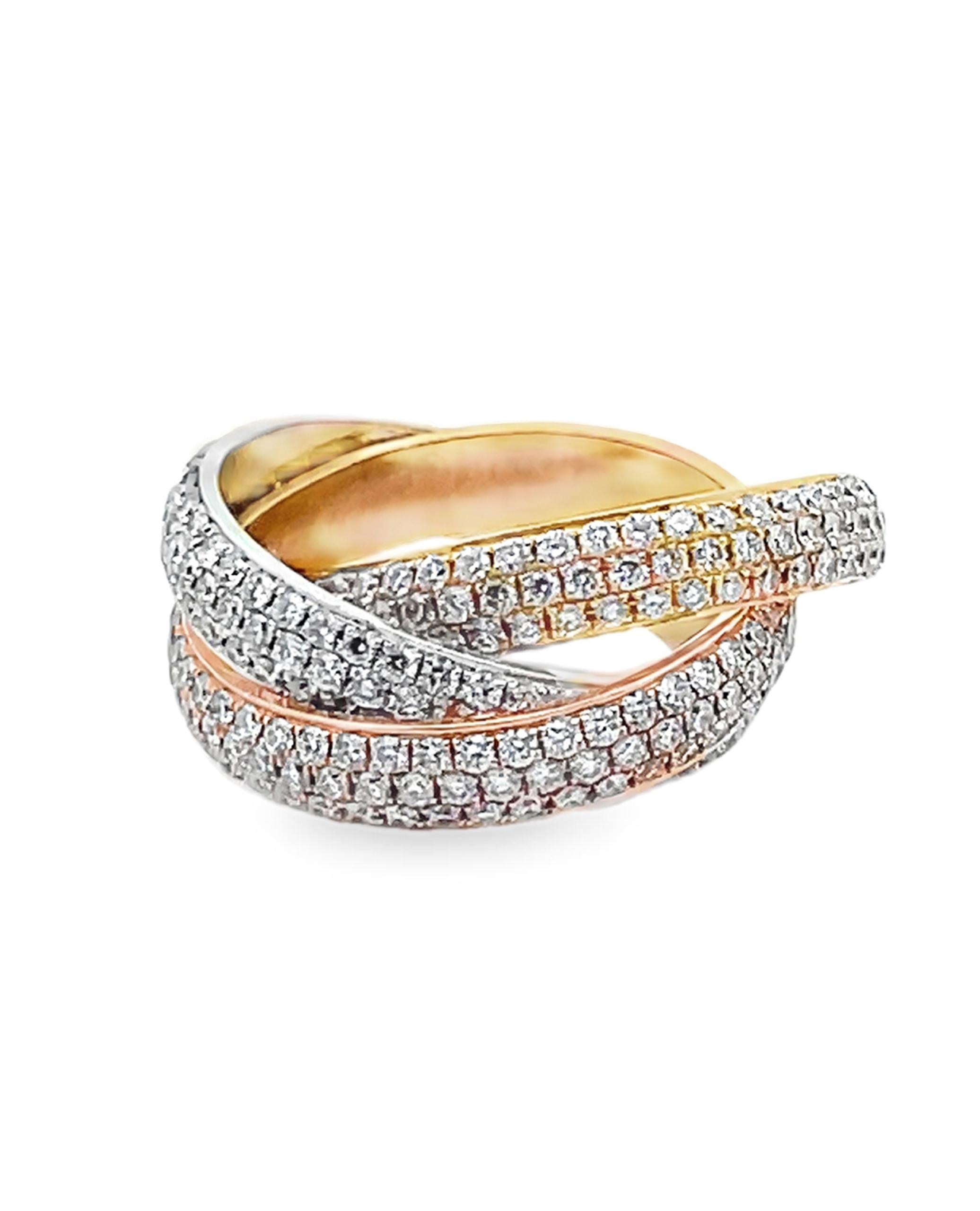 18K gold tri-color rolling eternity ring with 414 pave set round brilliant-cut diamonds weighing 3.67 carats total.  

- Diamonds are G/H color, SI1 clarity.
- Finger size 6.5
- Cannot be resized