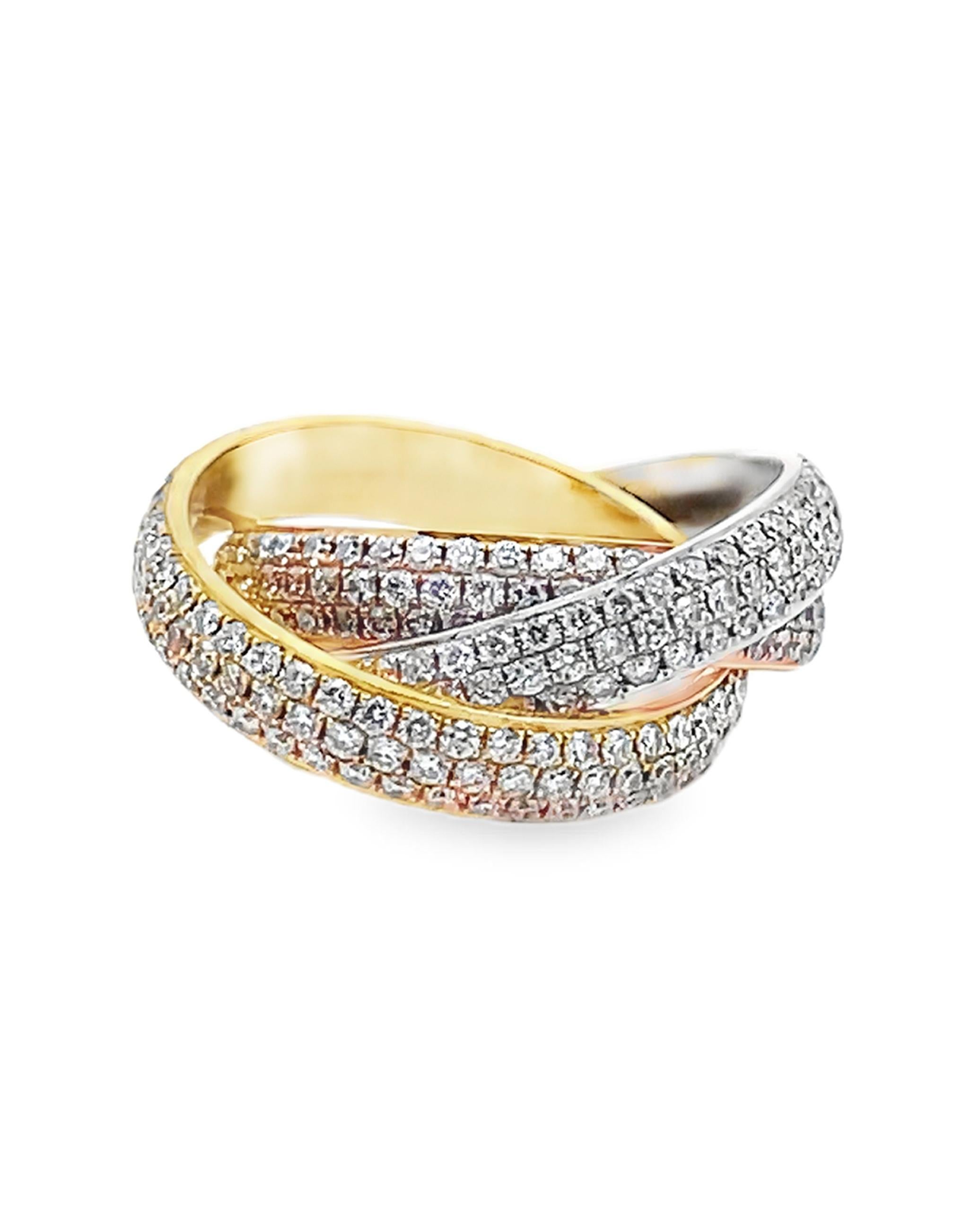Round Cut 18K Gold Tri-Color Rolling Eternity Ring with Diamonds For Sale