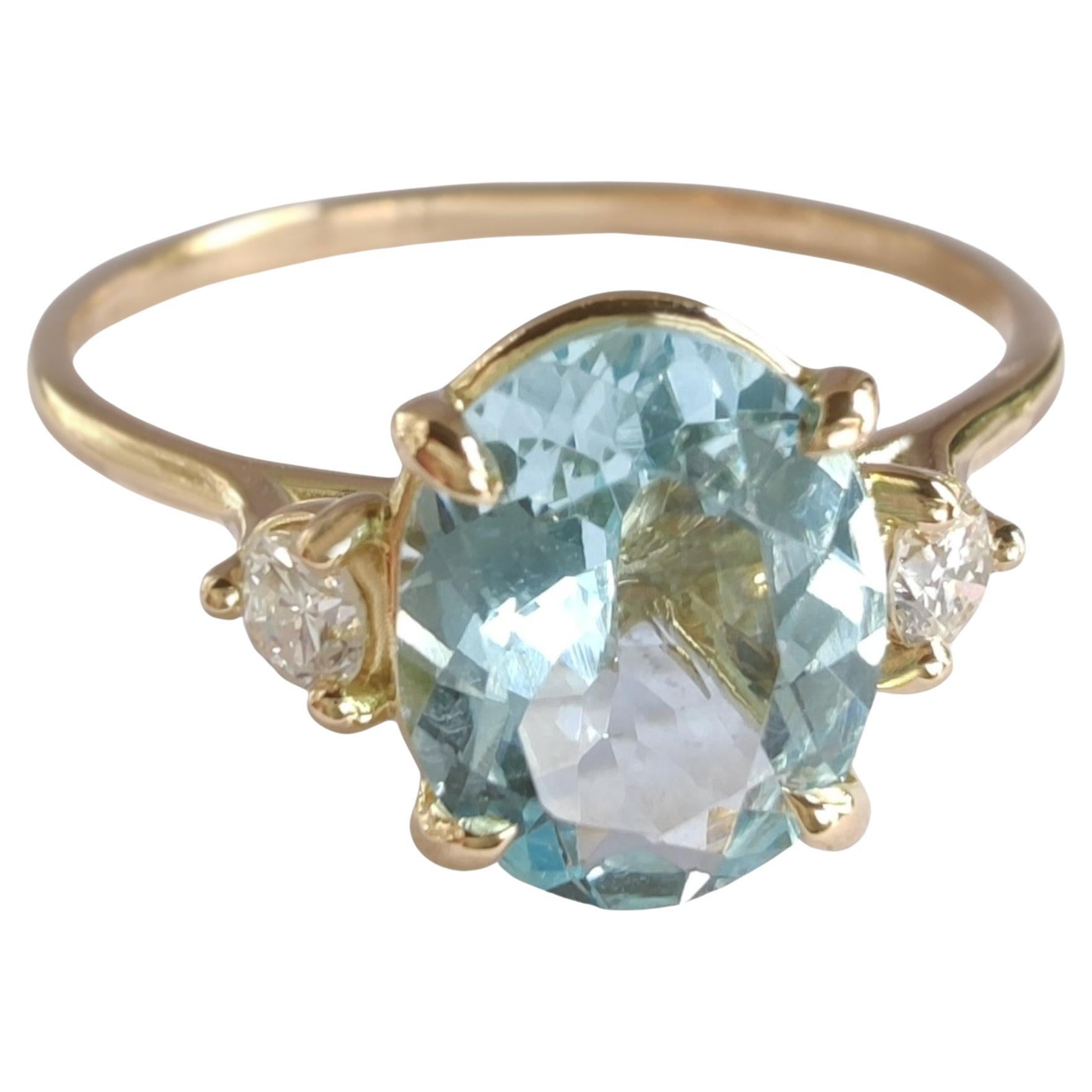 Flash sale -18K Gold Trilogy Ring: 1.36ct Oval Aquamarine & Diamonds