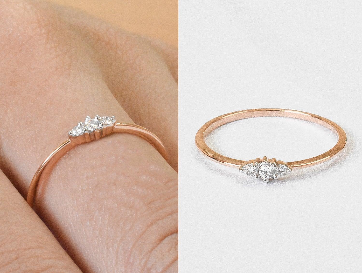 For Sale:  18k Gold Trio Diamond Ring Minimalist Diamond Ring 7
