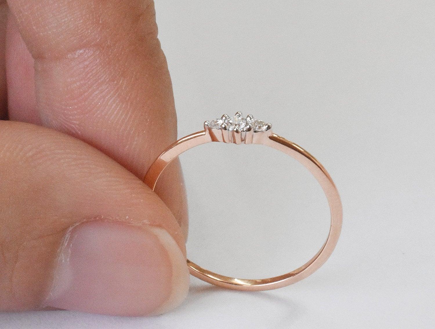 For Sale:  18k Gold Trio Diamond Ring Minimalist Diamond Ring 9