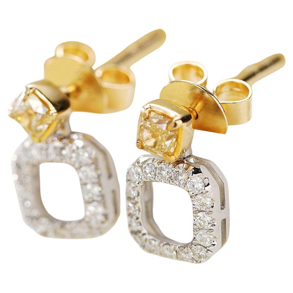 18K Gold Triple-Band Cushion Stud Earrings with Natural Yellow Diamonds