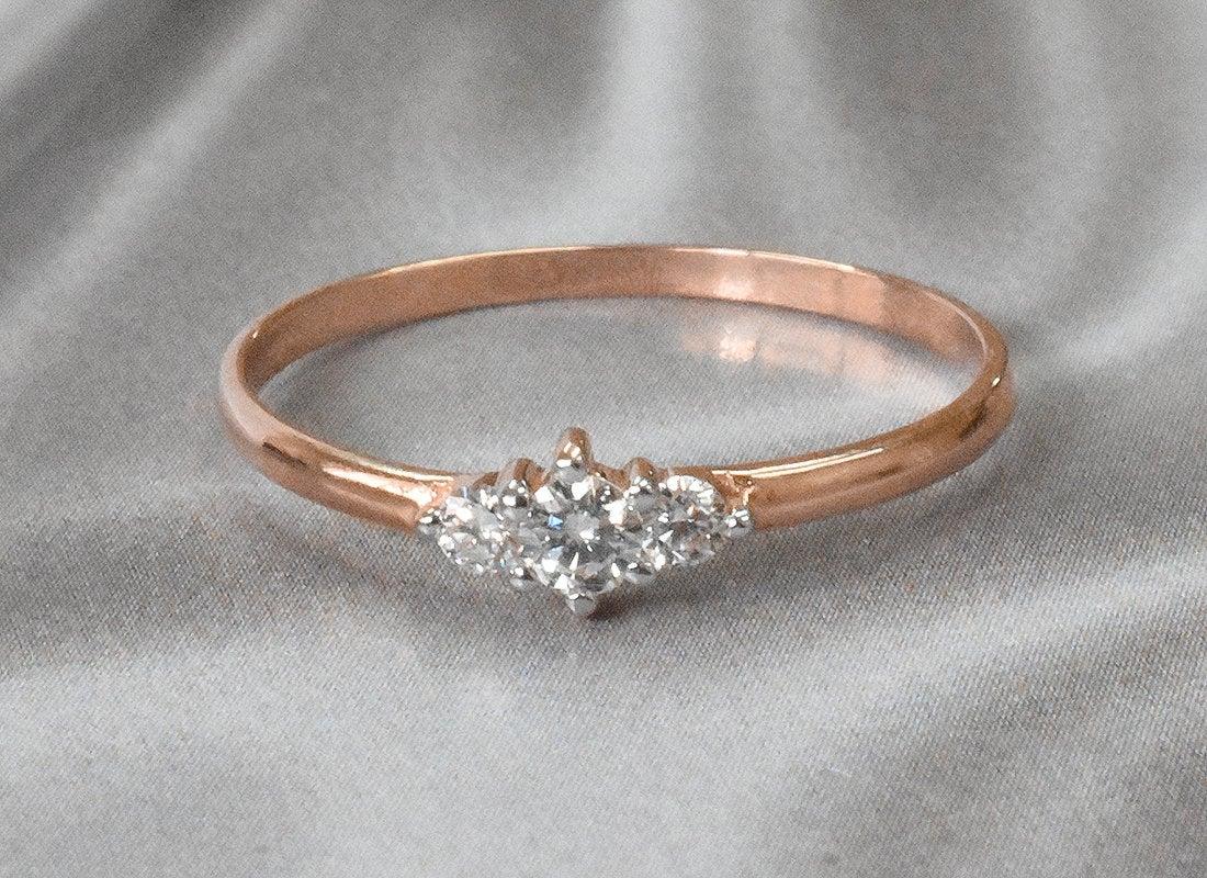 For Sale:  18k Gold Triple Stone Ring Diamond Trio Ring Engagement Ring Diamond 0.05 ct 7