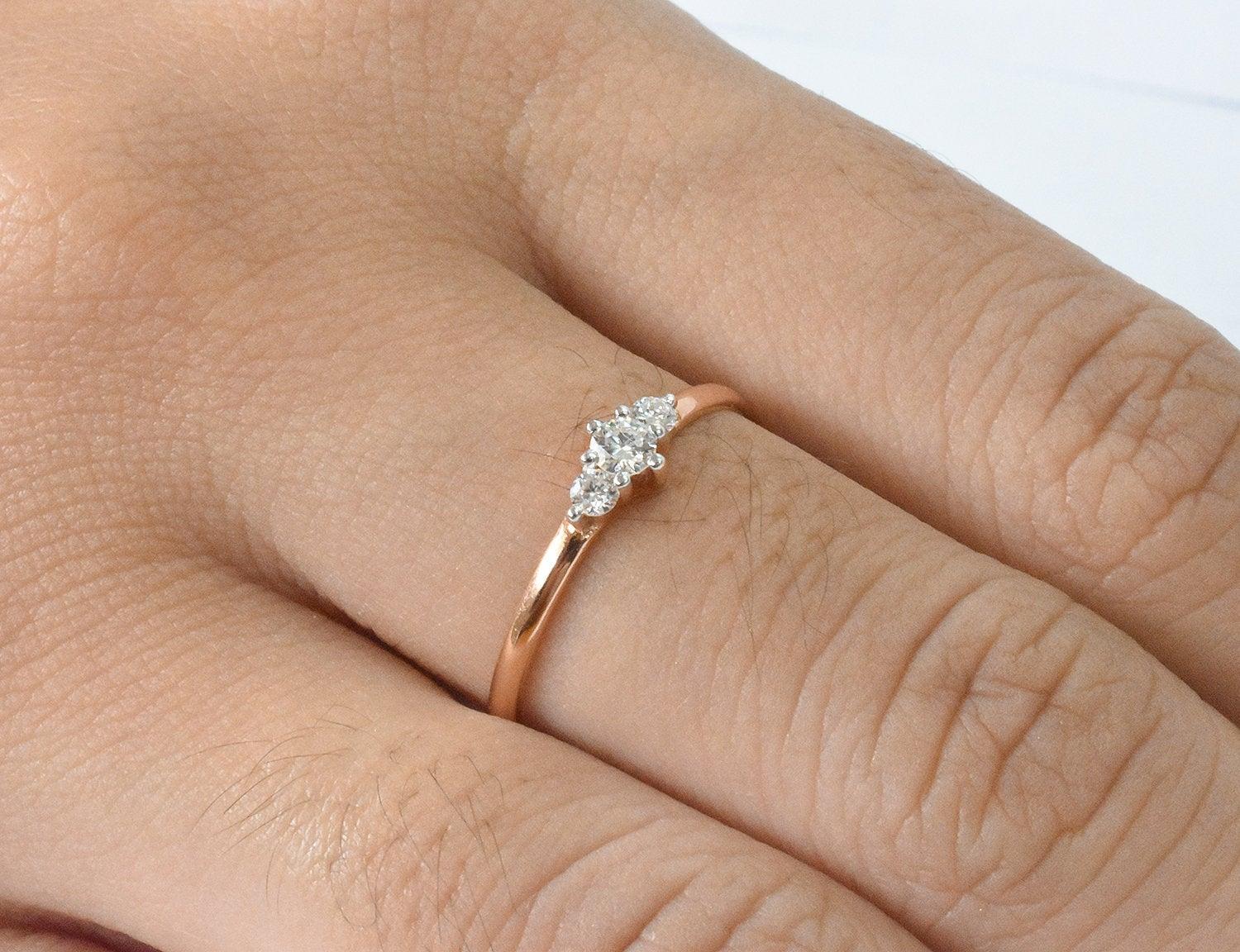 For Sale:  18k Gold Triple Stone Ring Diamond Trio Ring Engagement Ring Diamond 0.05 ct 9