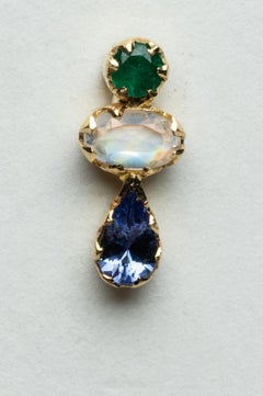 18K Gold, Triple Stone Stud Earrings--Emeralds, Rainbow Moonstone & Tanzanite