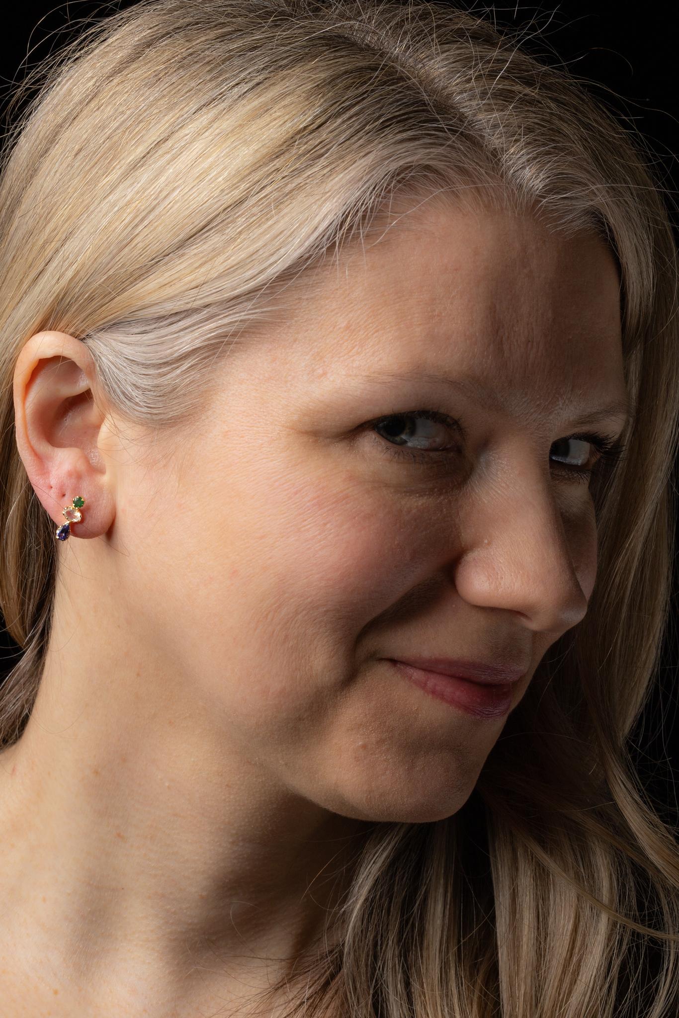 Oval Cut 18K Gold, Triple Stone Stud Earrings--Emeralds, Rainbow Moonstone & Tanzanite For Sale