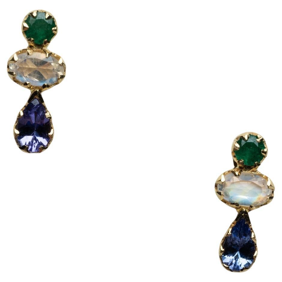 18K Gold, Triple Stone Stud Earrings--Emeralds, Rainbow Moonstone & Tanzanite For Sale