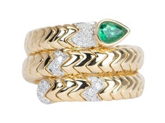 18k Gold Tubogas Snake Coil Ring with Emerald Head and Diamond Accent 13.8g
