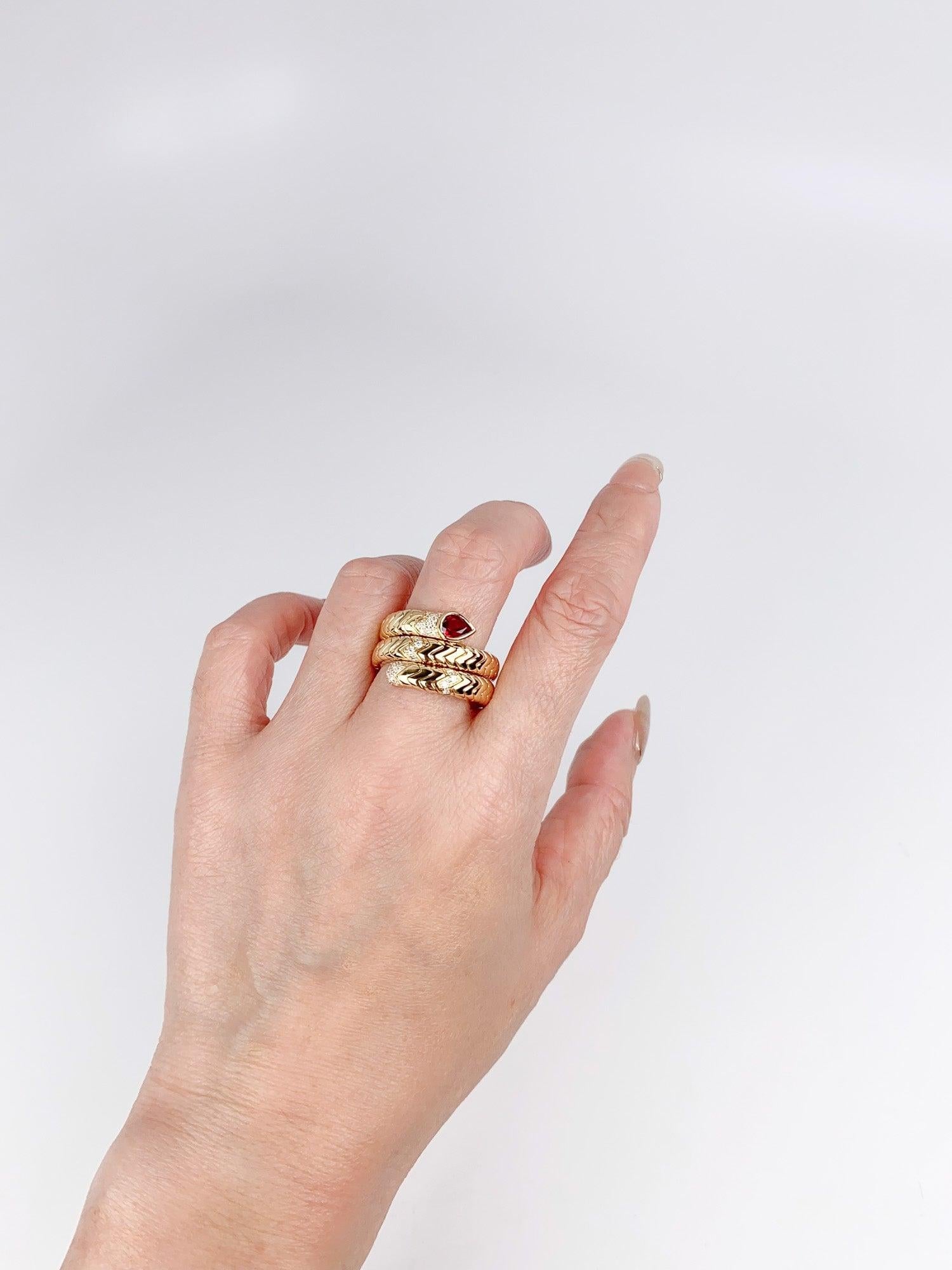18K Gold Tubogas Snake Coil Ring with Ruby Head and Diamond Accent 13g In New Condition For Sale In Osprey, FL