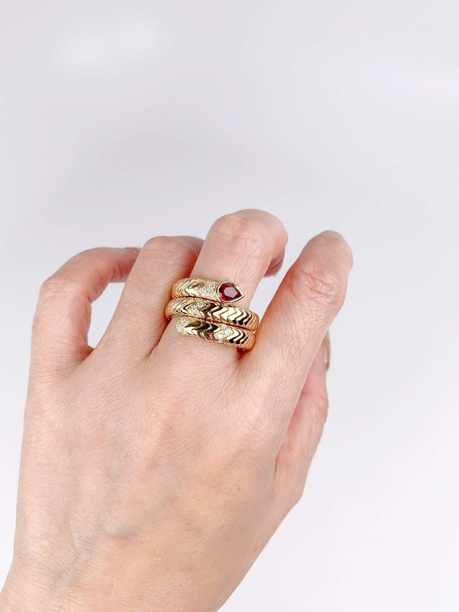 Women's or Men's 18K Gold Tubogas Snake Coil Ring with Ruby Head and Diamond Accent 13g For Sale