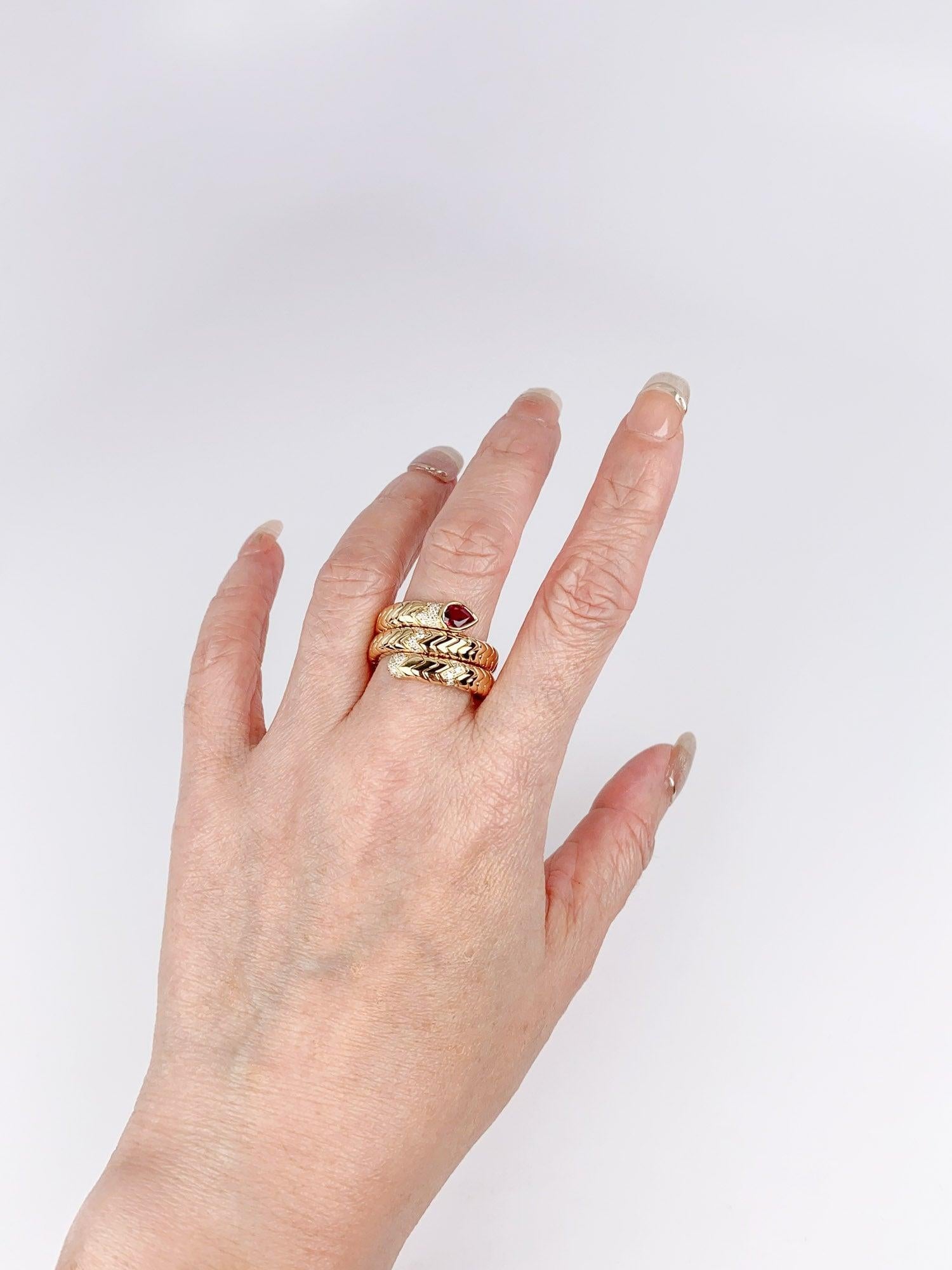 18K Gold Tubogas Snake Coil Ring with Ruby Head and Diamond Accent 13g For Sale 1