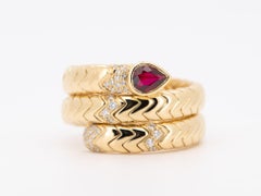18K Gold Tubogas Snake Coil Ring with Ruby Head and Diamond Accent 13g
