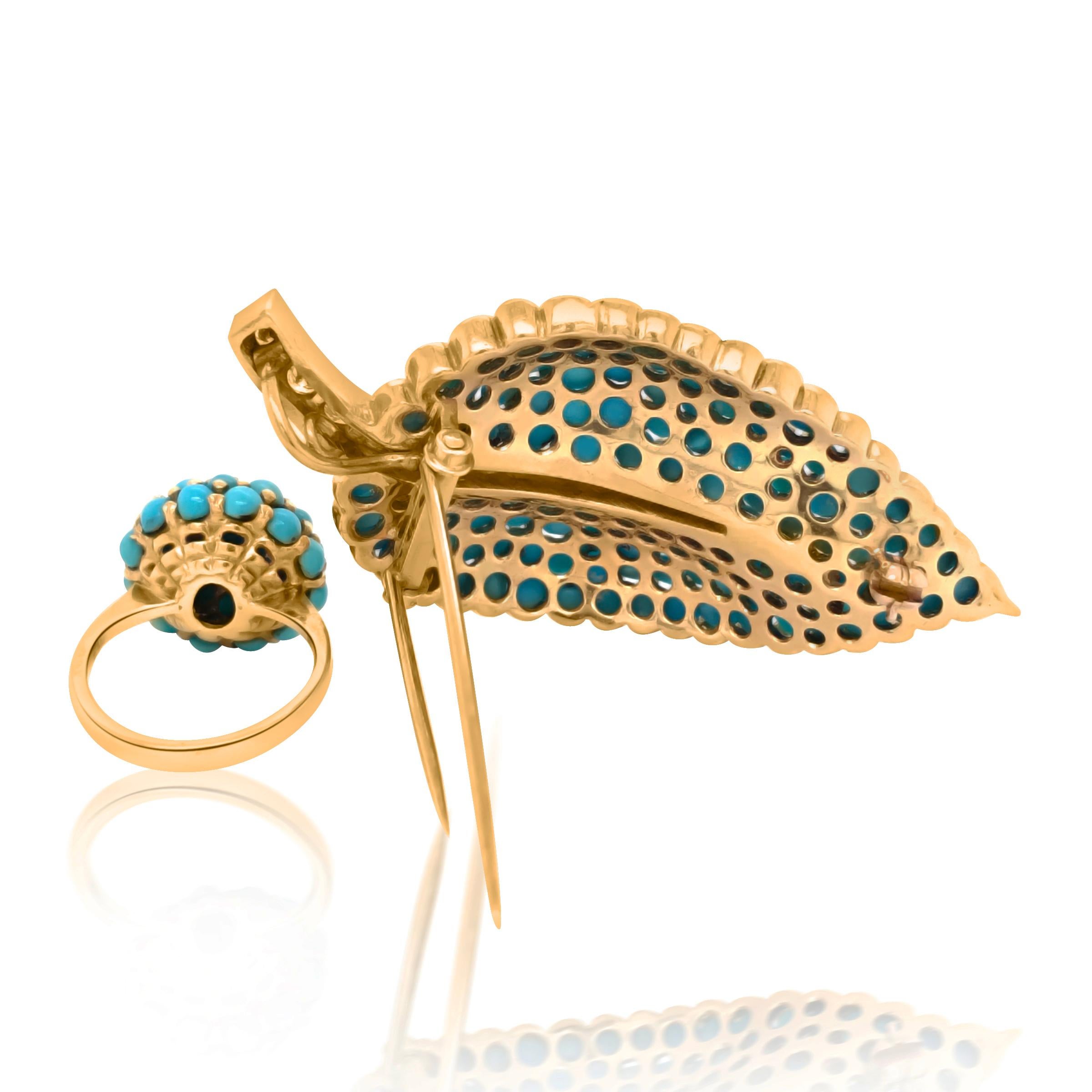 This elegant turquoise and diamond Brooch is designed as a leaf with a waved surface, weighing 19.04 grams, measuring 5.3*2.9cm, enhanced with a diamond stem, weighing approx. 0.33ct. This leaf brooch also has a matched a turquoise ring, mounted on