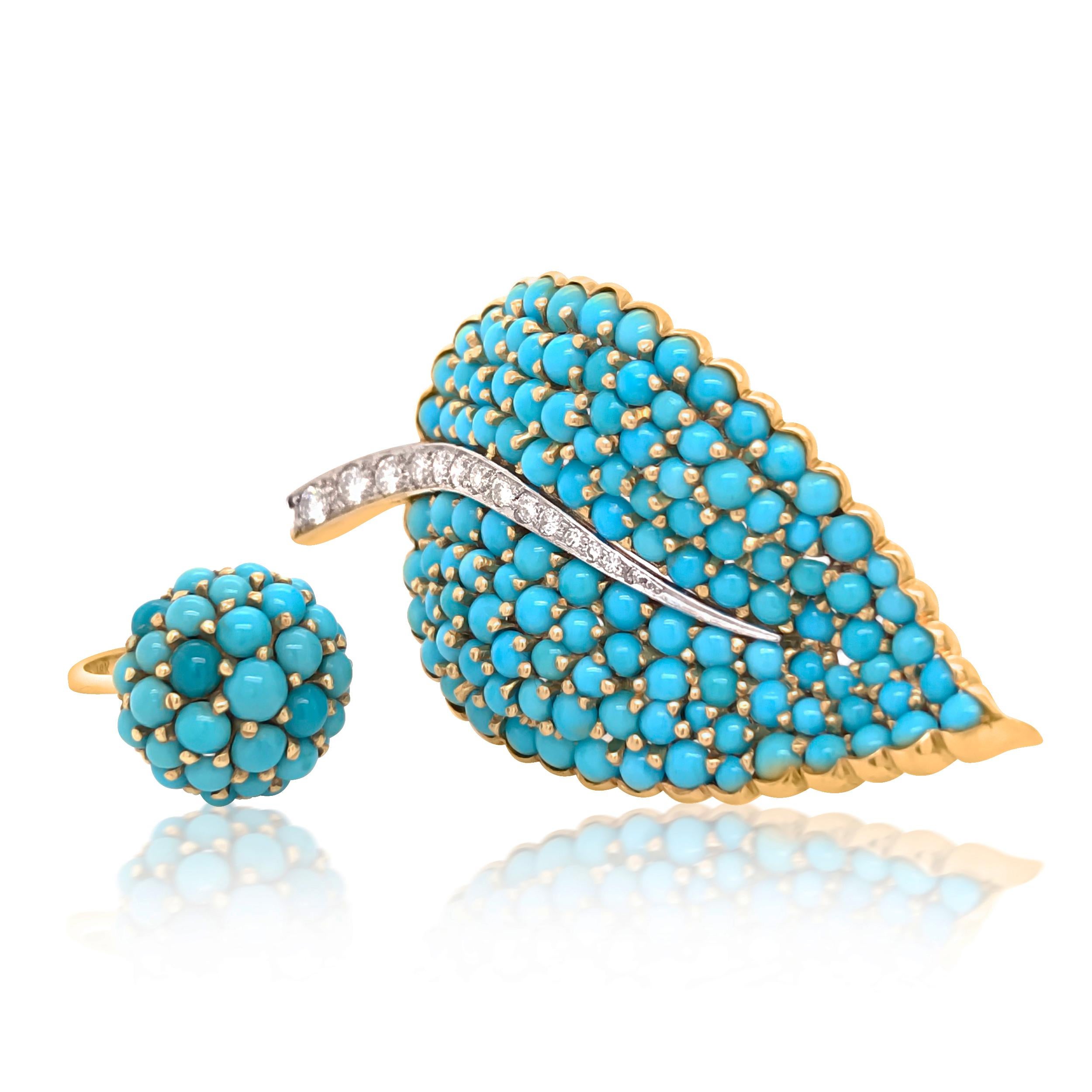 Romantic 18 Karat Gold Turquoise and Diamond Brooch and Ring