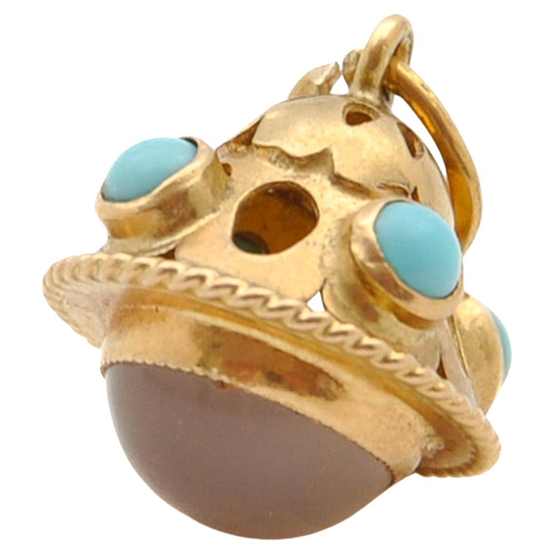 Vintage 18K Gold Turquoise and Moonstone Charm Pendant For Sale