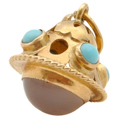 Retro 18K Gold Turquoise and Moonstone Charm Pendant