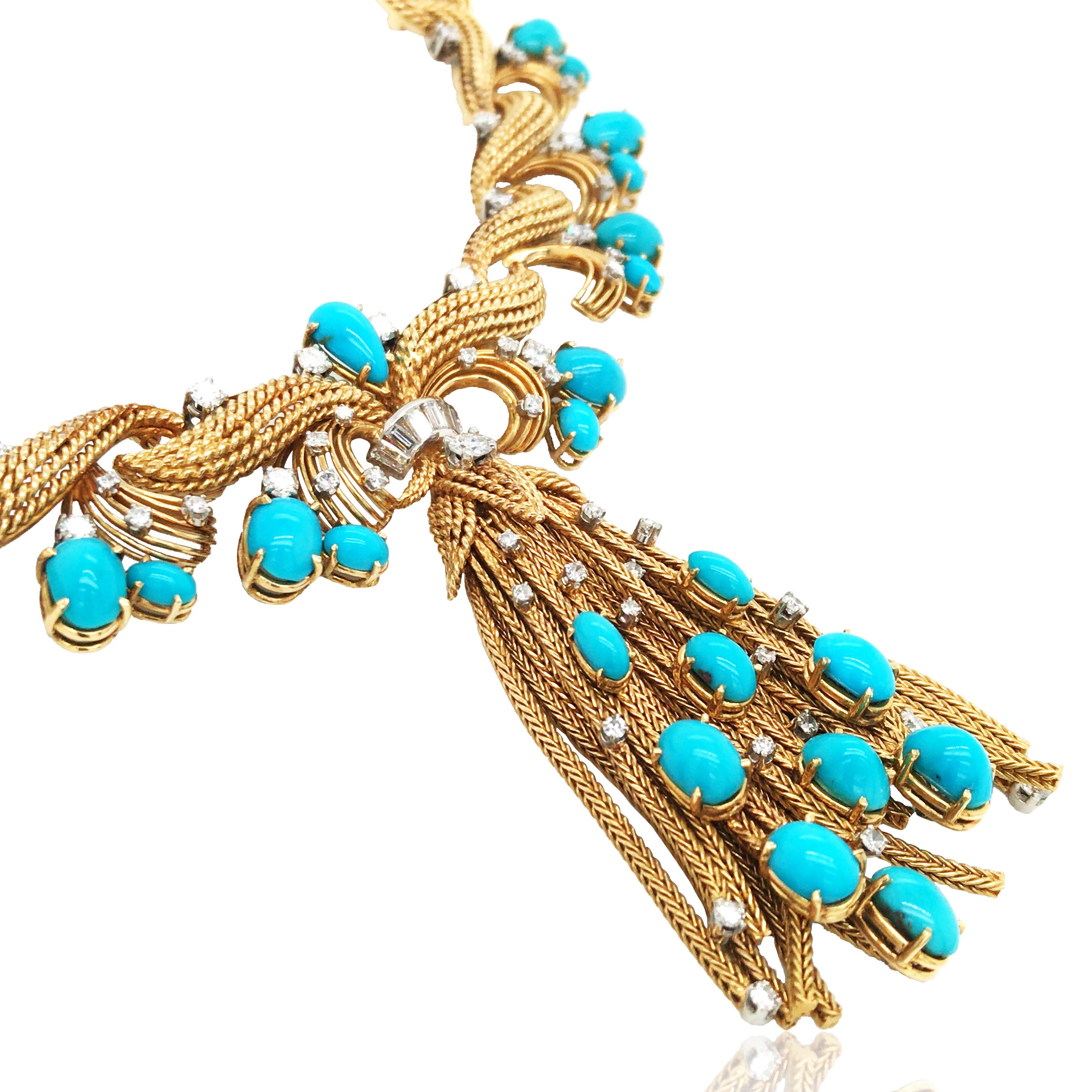 Retro 18K Gold Turquoise Diamond Convertible Necklace Brooch For Sale