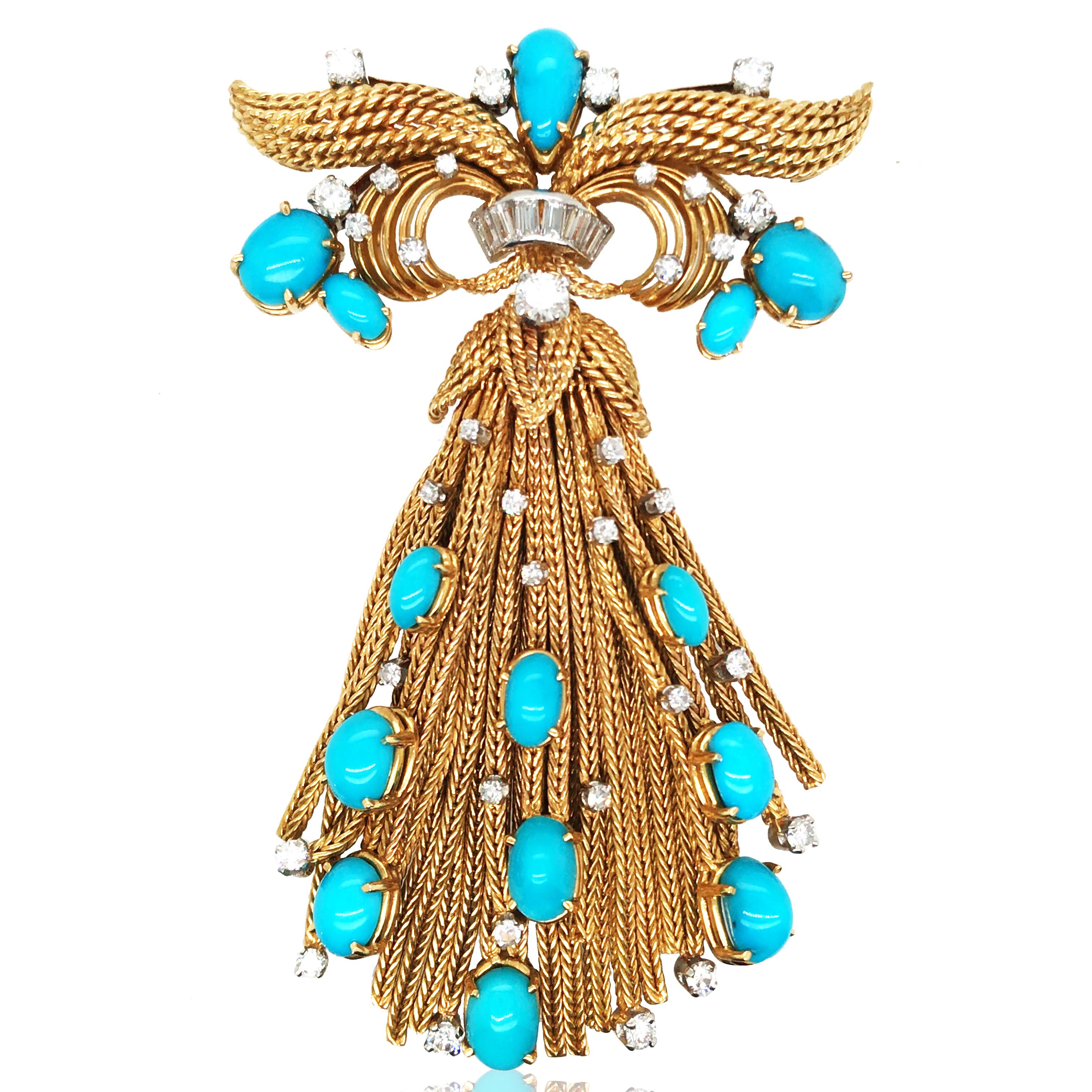 18K Gold Turquoise Diamond Convertible Necklace Brooch In Good Condition For Sale In New York, NY