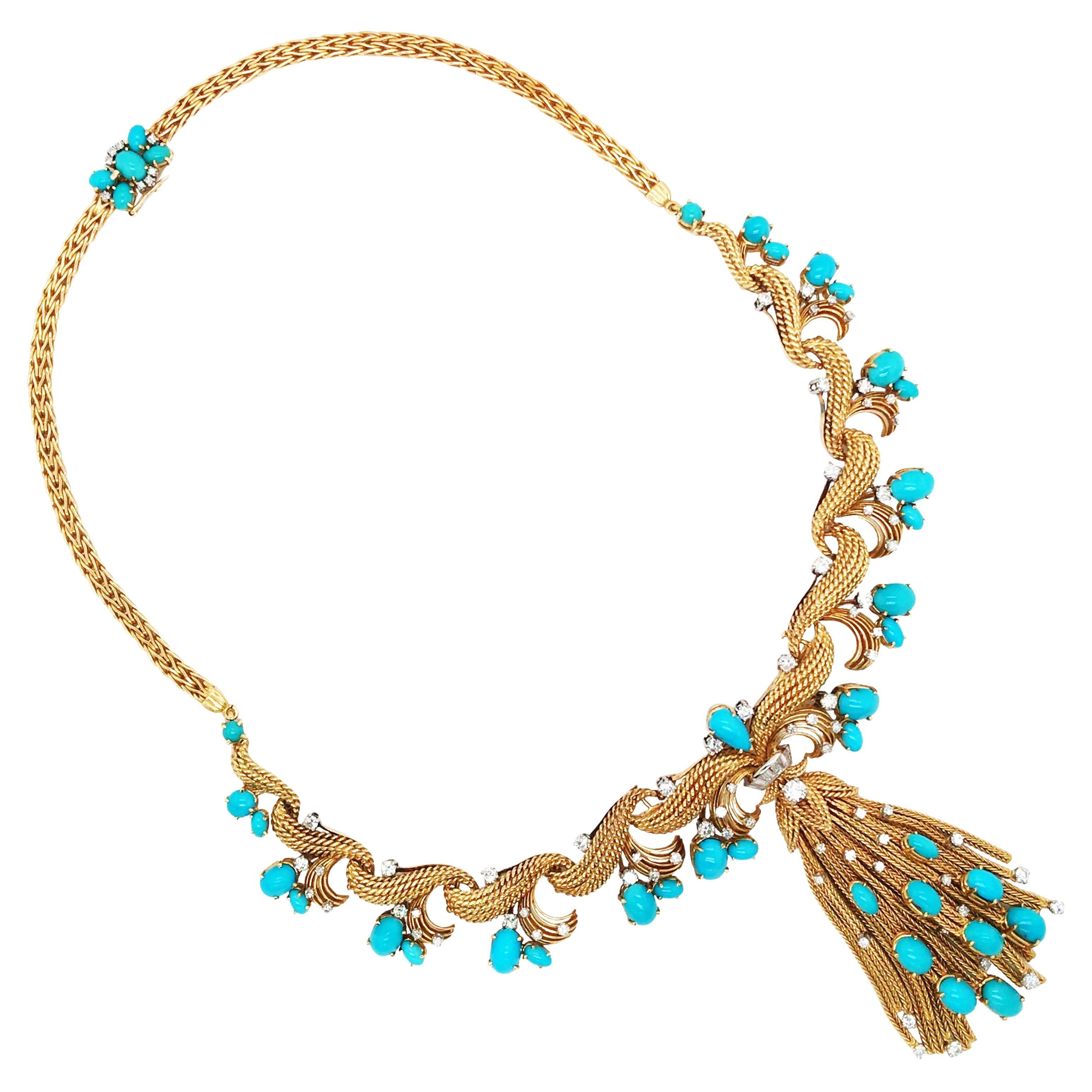 18K Gold Turquoise Diamond Convertible Necklace Brooch