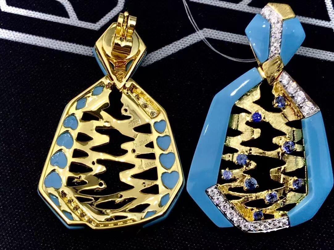 Modern 18K Gold Turquoise & Diamond Drop Earrings For Sale