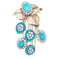 18K Gold Turquoise Diamond Flower Brooch