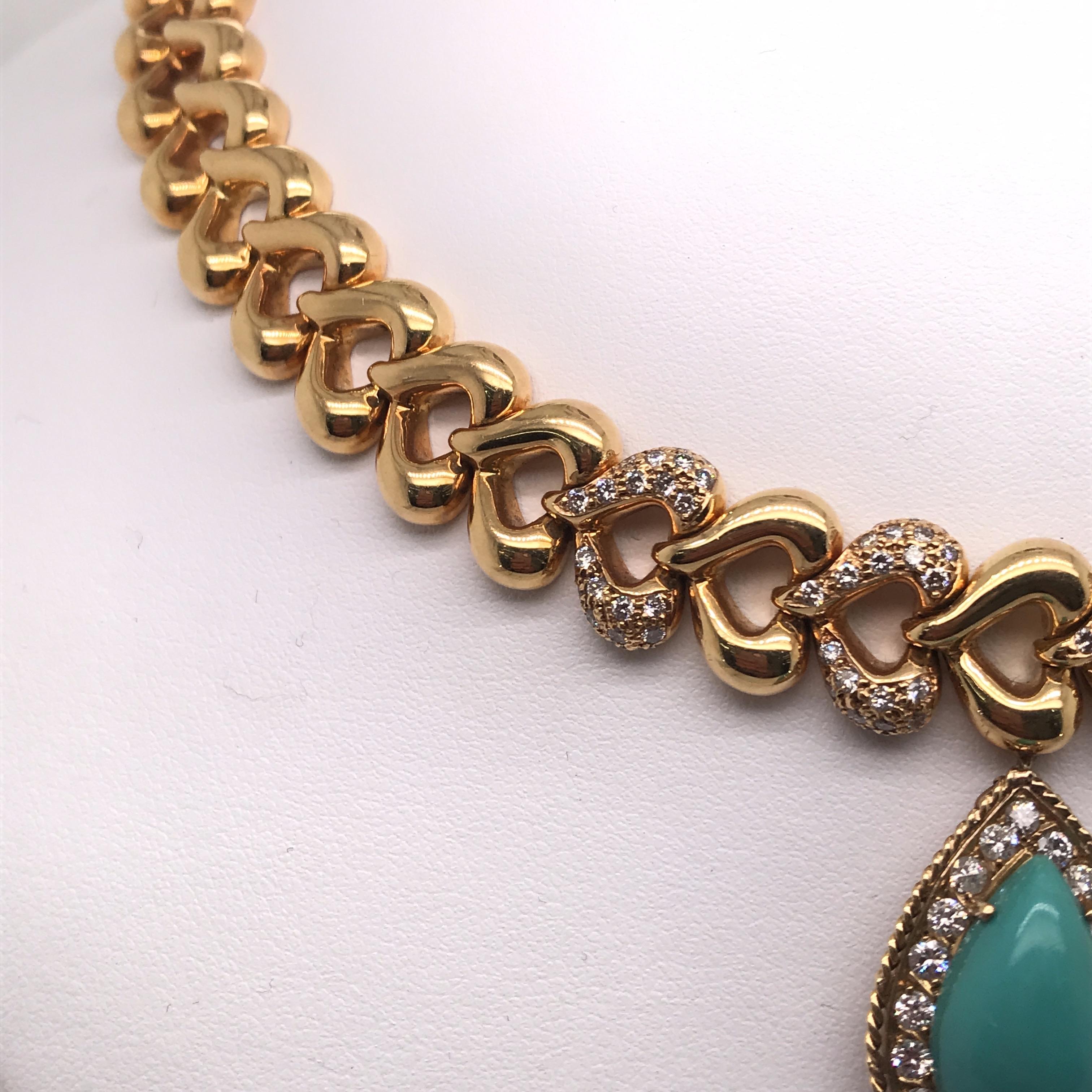 Round Cut 18 Karat Gold Turquoise Diamond Heart Motif Collar Necklace, French