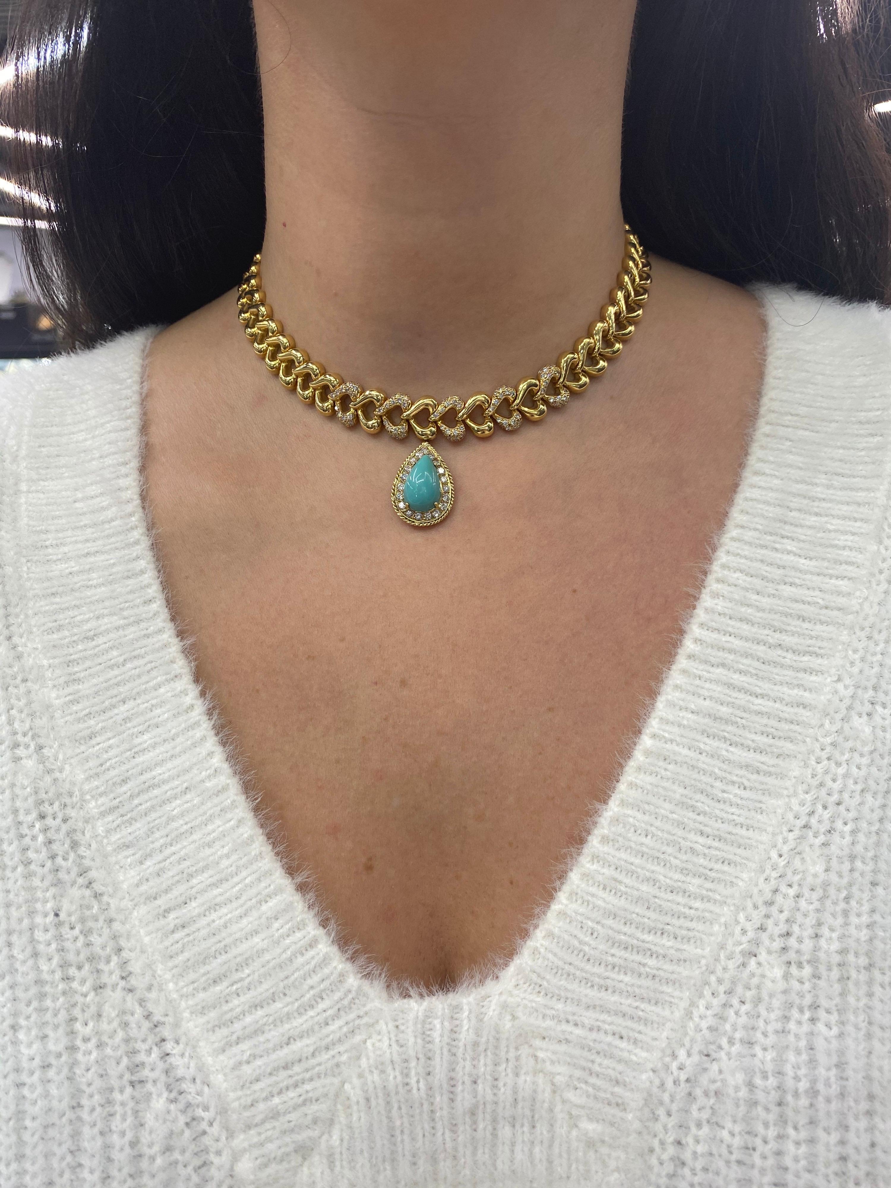 18 Karat Gold Turquoise Diamond Heart Motif Collar Necklace, French In Excellent Condition In New York, NY