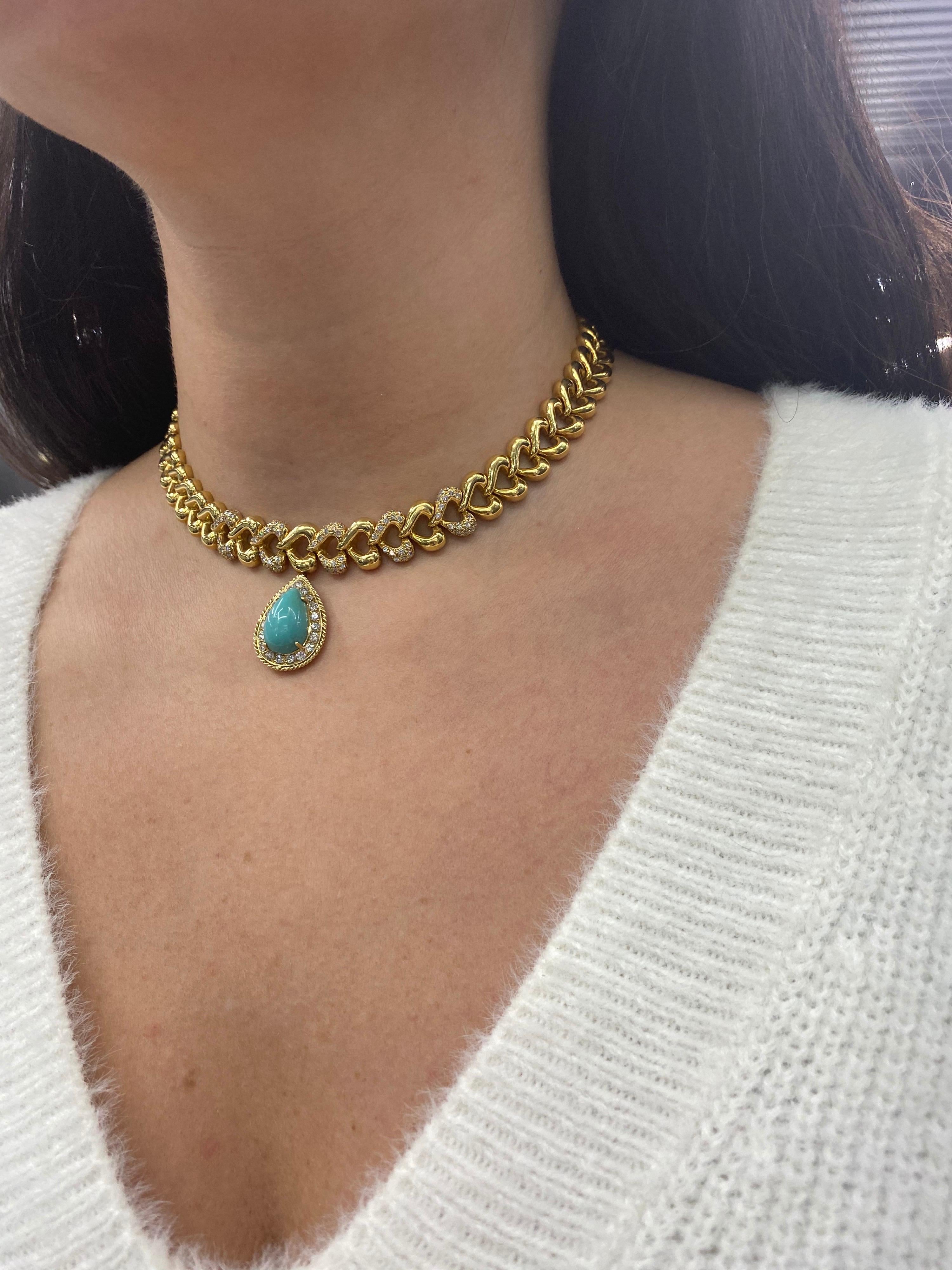 Women's 18 Karat Gold Turquoise Diamond Heart Motif Collar Necklace, French
