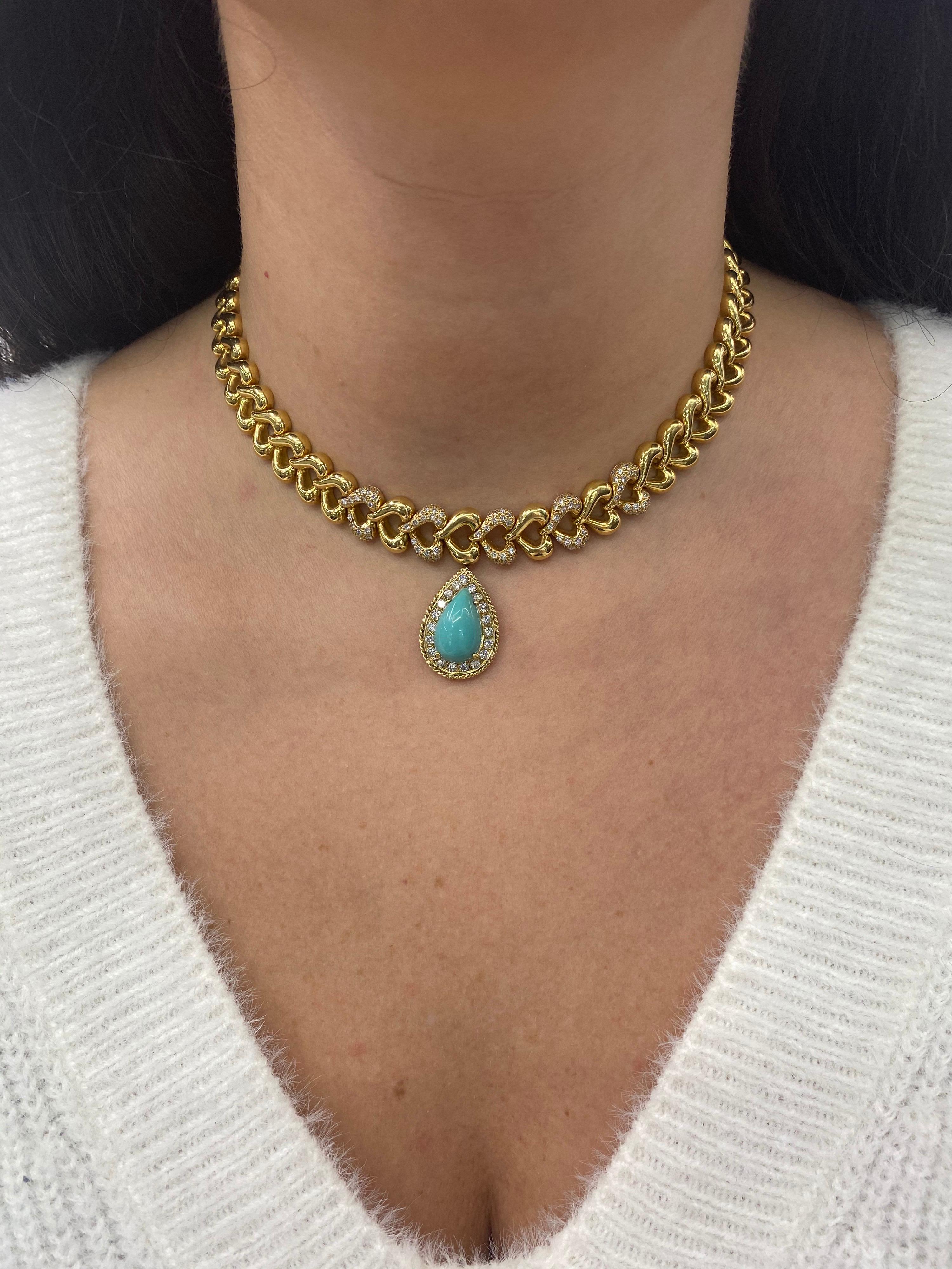 18 Karat Gold Turquoise Diamond Heart Motif Collar Necklace, French 2