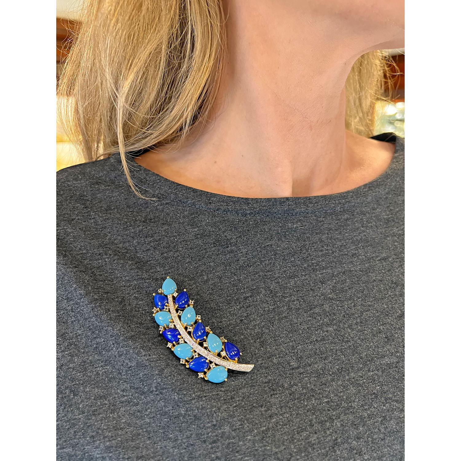 Round Cut 18k Gold Turquoise Lapis Diamond Leaf Pin For Sale