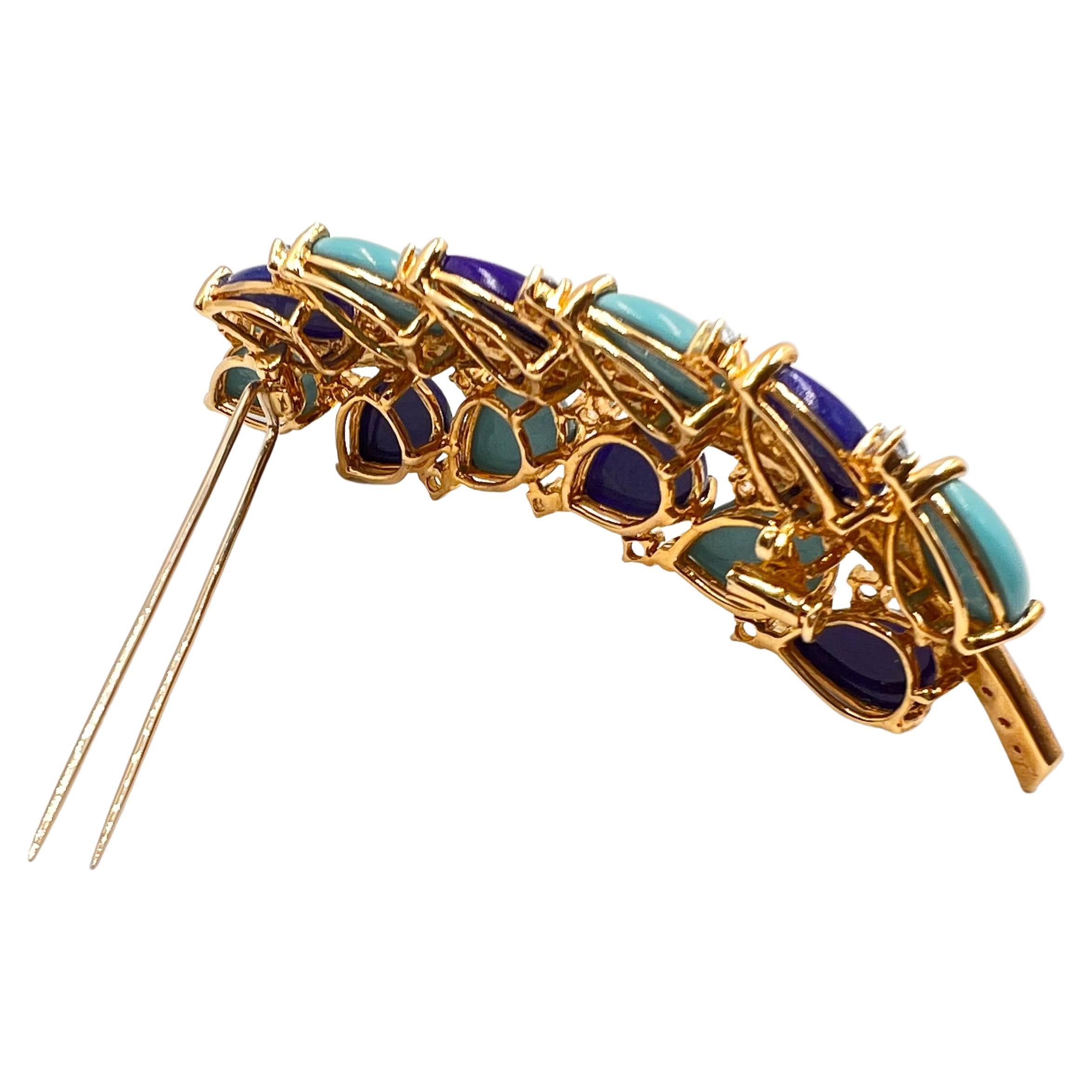 18k Gold Turquoise Lapis Diamond Leaf Pin In Excellent Condition For Sale In Palm Beach, FL