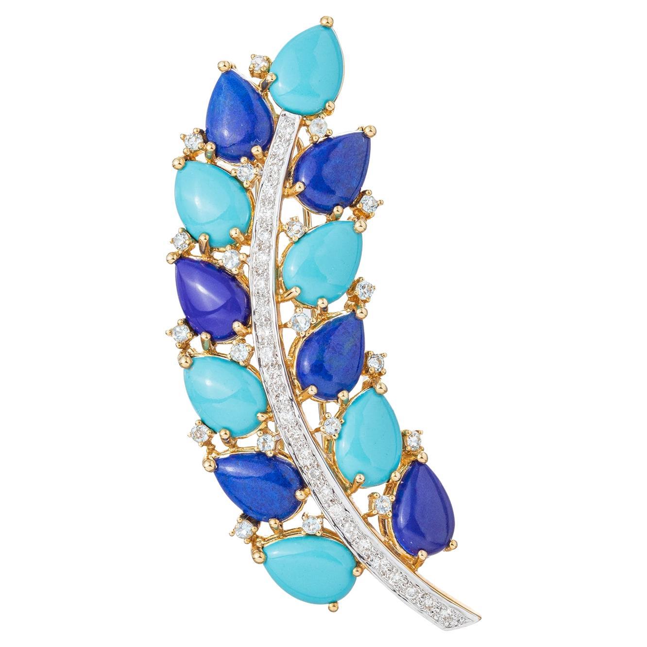 18k Gold Turquoise Lapis Diamond Leaf Pin For Sale