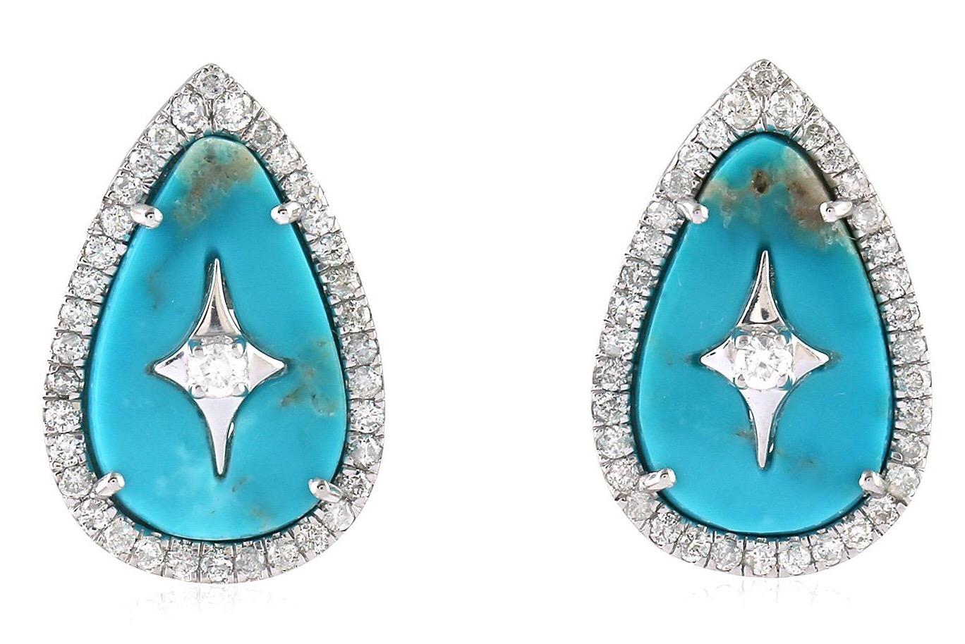 Contemporary Turquoise Diamond 18 Karat Gold Star Stud Earrings For Sale