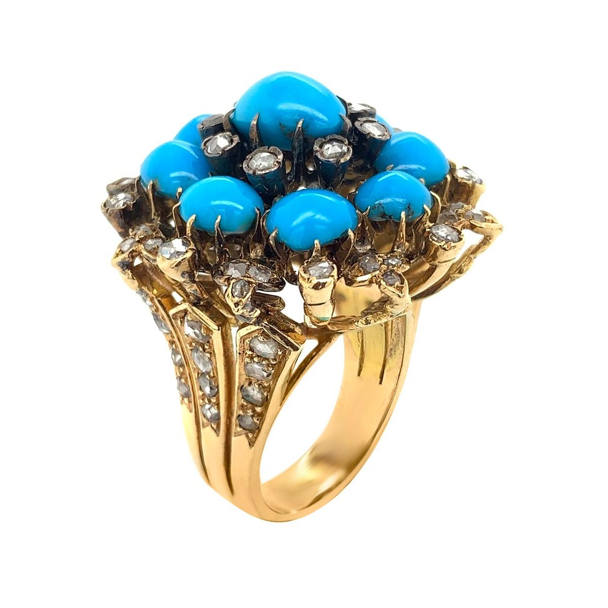 Metal: 18k Gold
Condition: Excellent
Circa 1900
Ring Size:8
Gemstone: Turquoise,Diamond
Turquoise Weight: 9 CT
Diamond Weight: 2 CT
Total Item Weight: 21.4 g