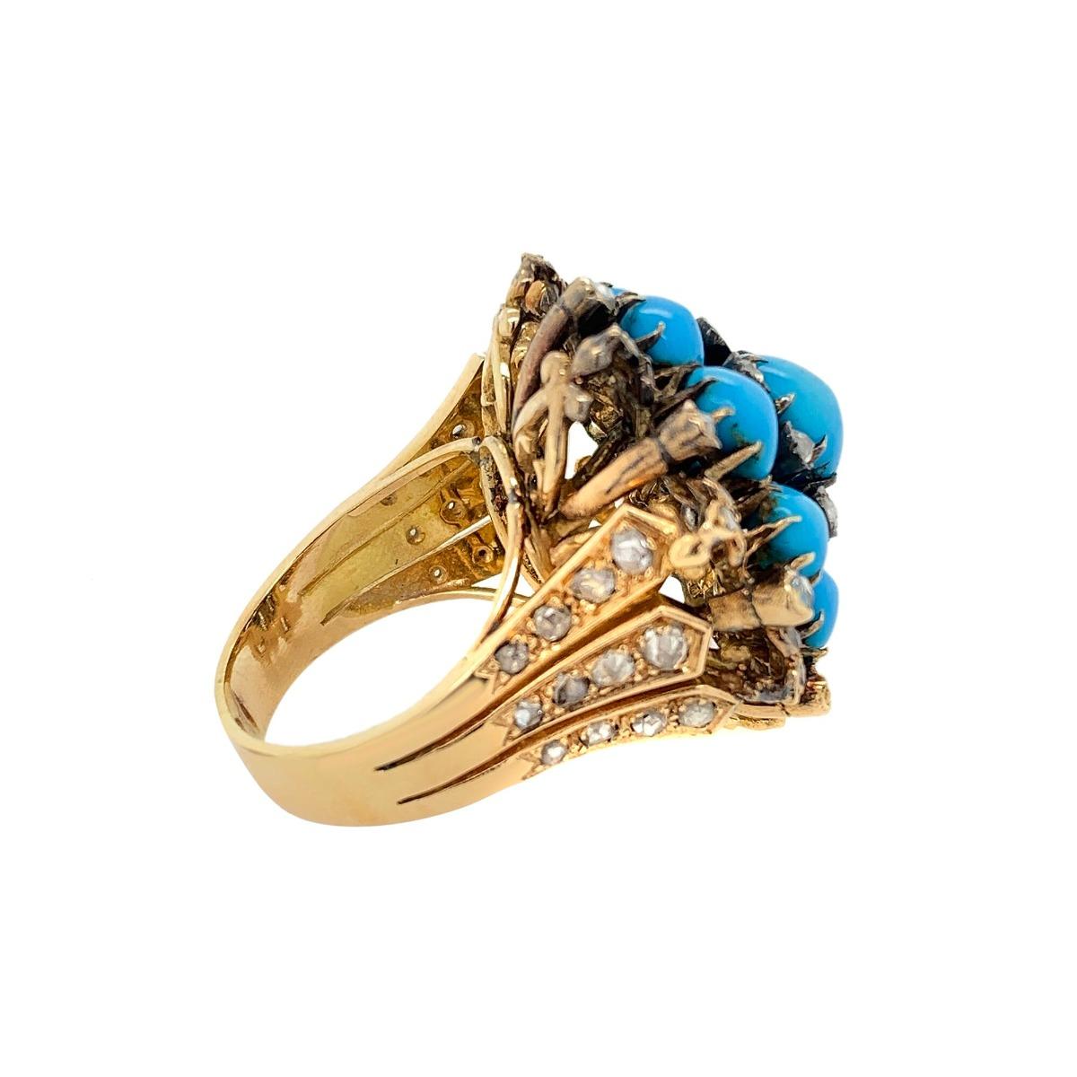 Women's 18 Karat Gold Turquoise and Rose Cut Diamond Ring