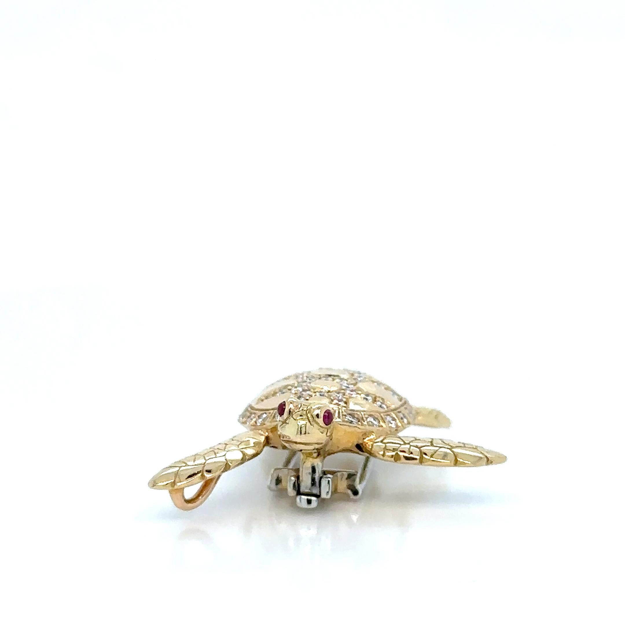 Modern 18K Gold Turtle Brooch/Pendant with Rubies and Diamonds For Sale