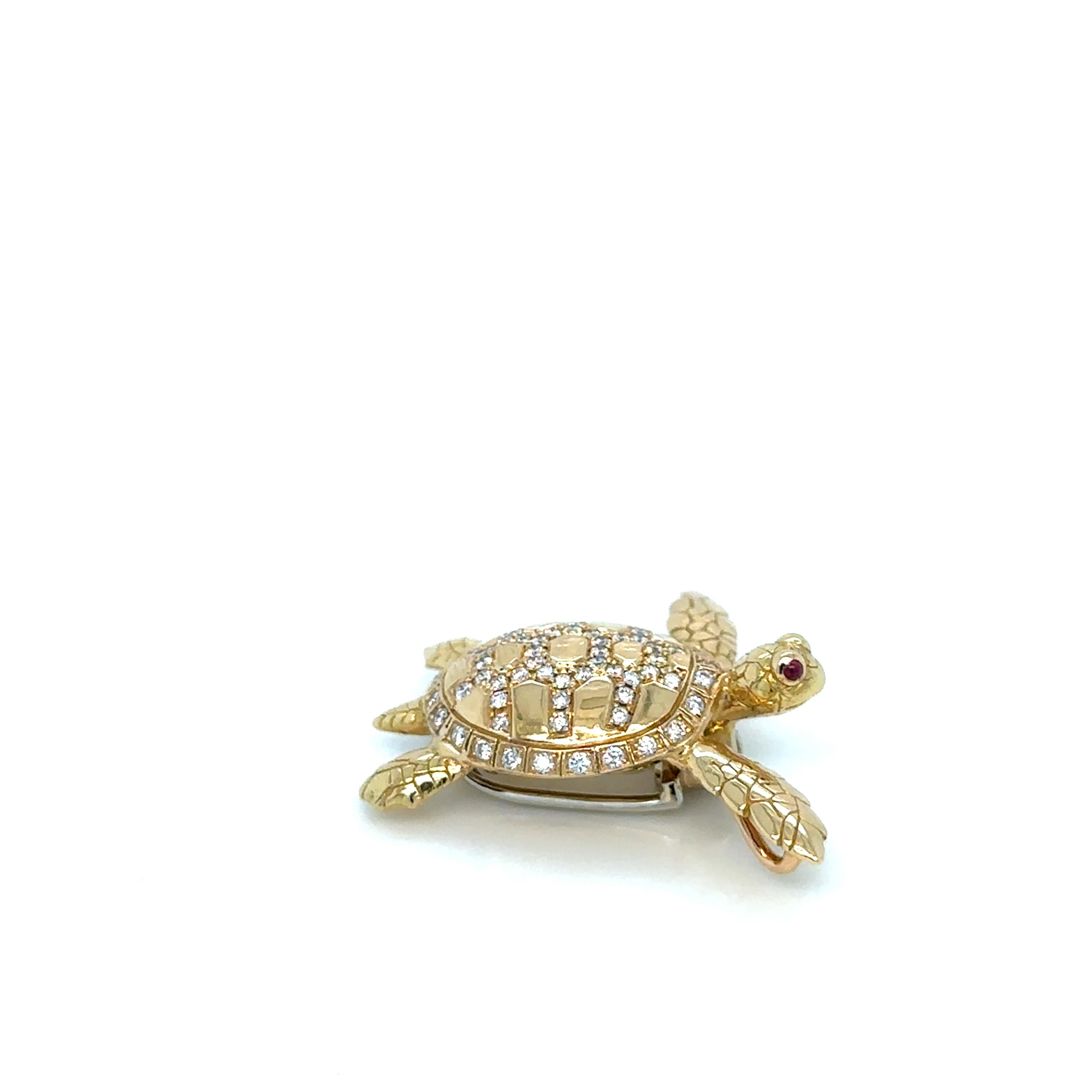 18K Gold Turtle Brooch/Pendant with Rubies and Diamonds For Sale 1