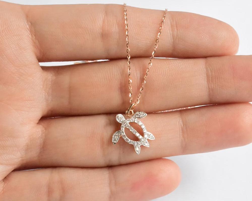 Modern 18k Gold Turtle Charm Necklace Lucky Turtle Diamond Pendant Necklace For Sale