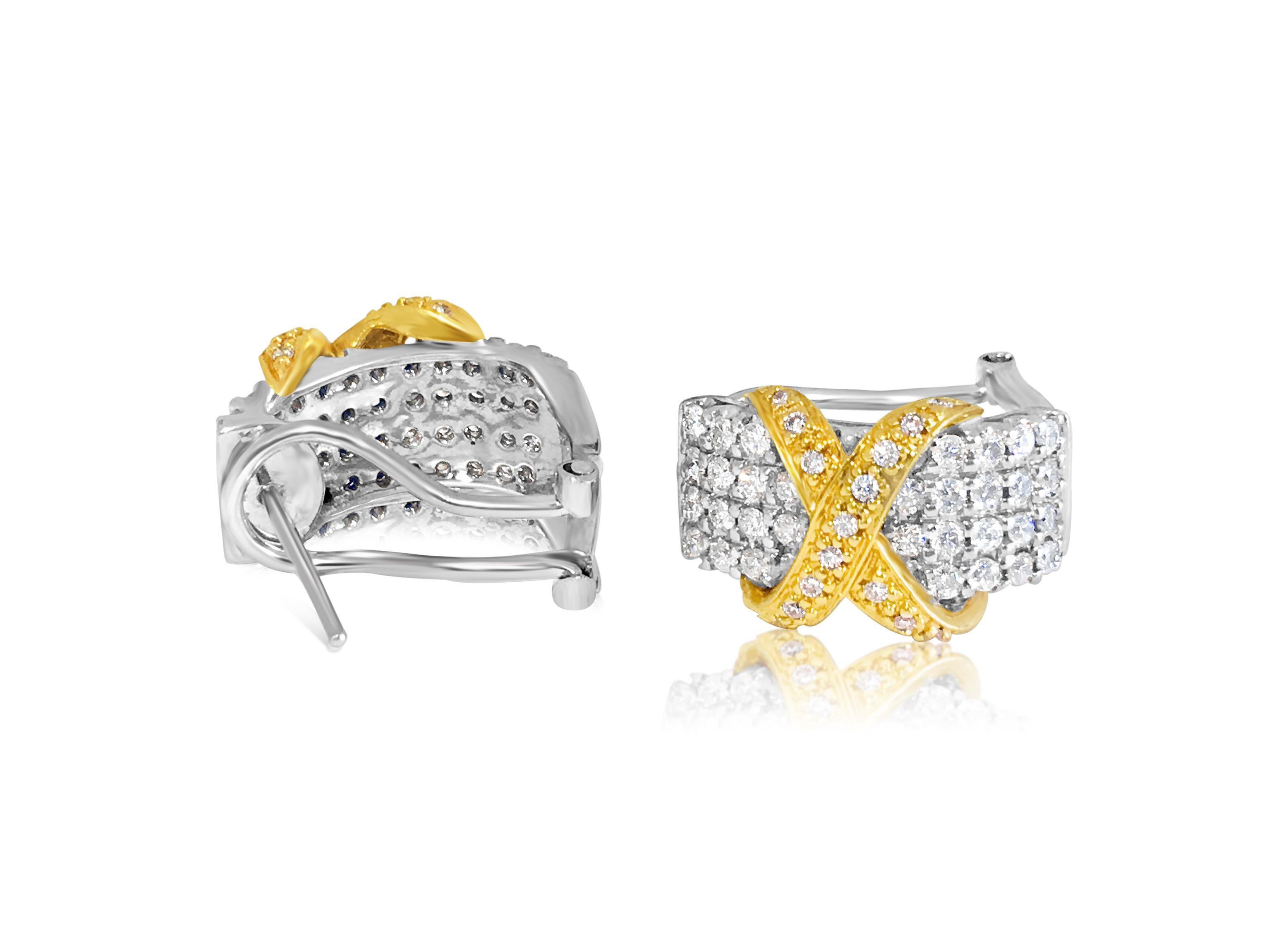 Contemporary 18K Gold Two Tone 2.00 Carat Diamond Earrings For Sale