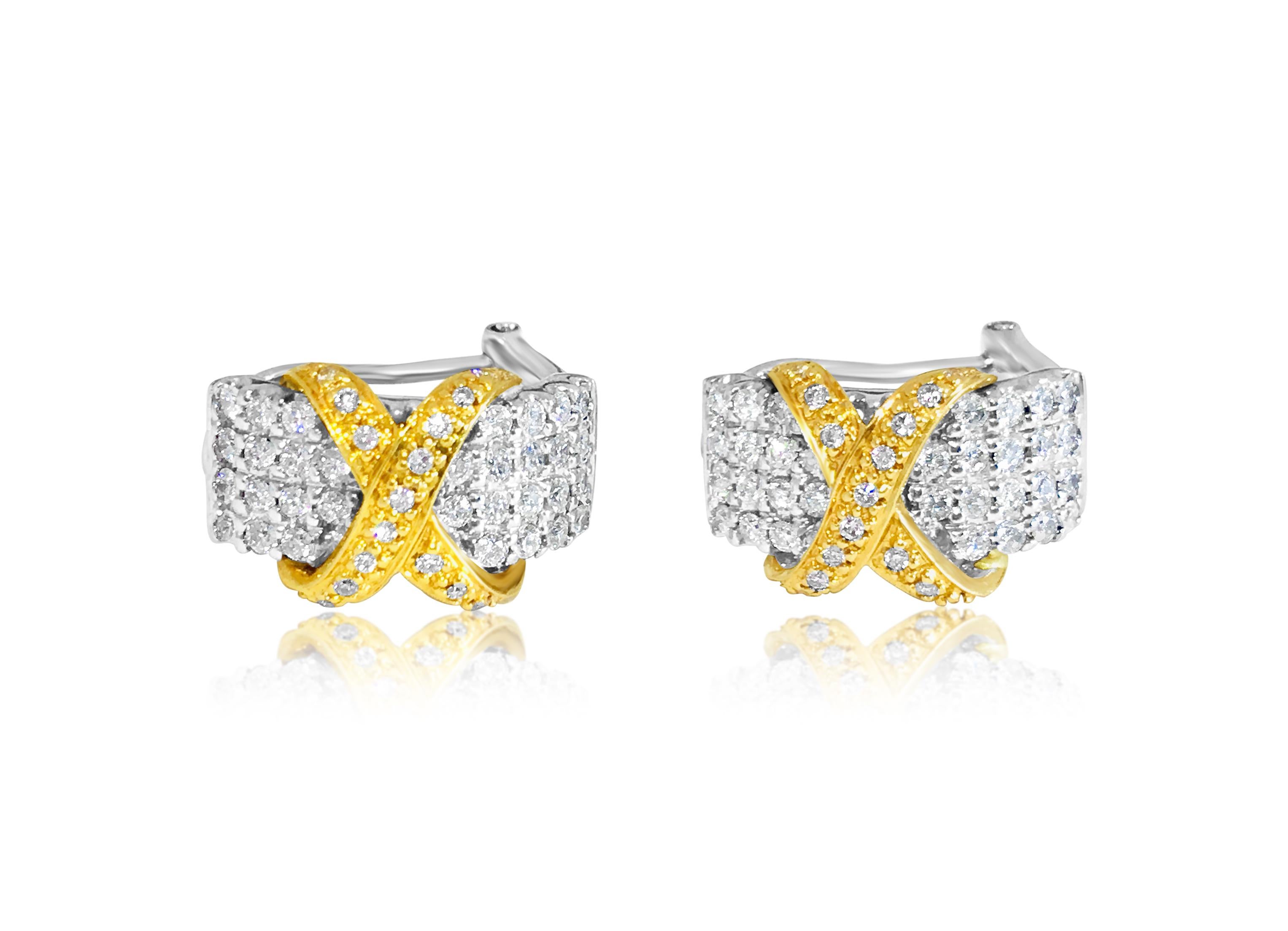 Brilliant Cut 18K Gold Two Tone 2.00 Carat Diamond Earrings For Sale