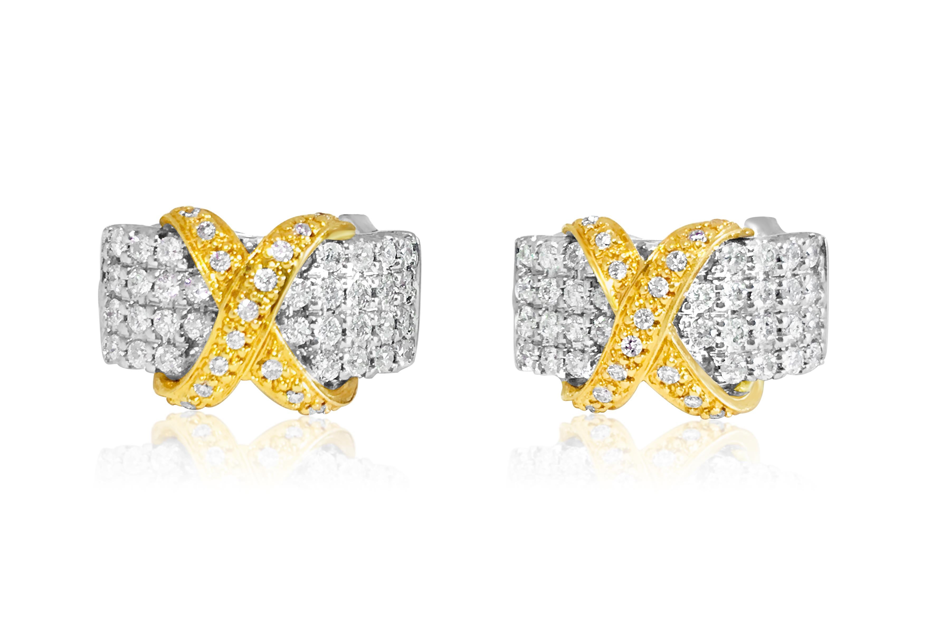 18K Gold Two Tone 2.00 Carat Diamond Earrings In Excellent Condition For Sale In Miami, FL