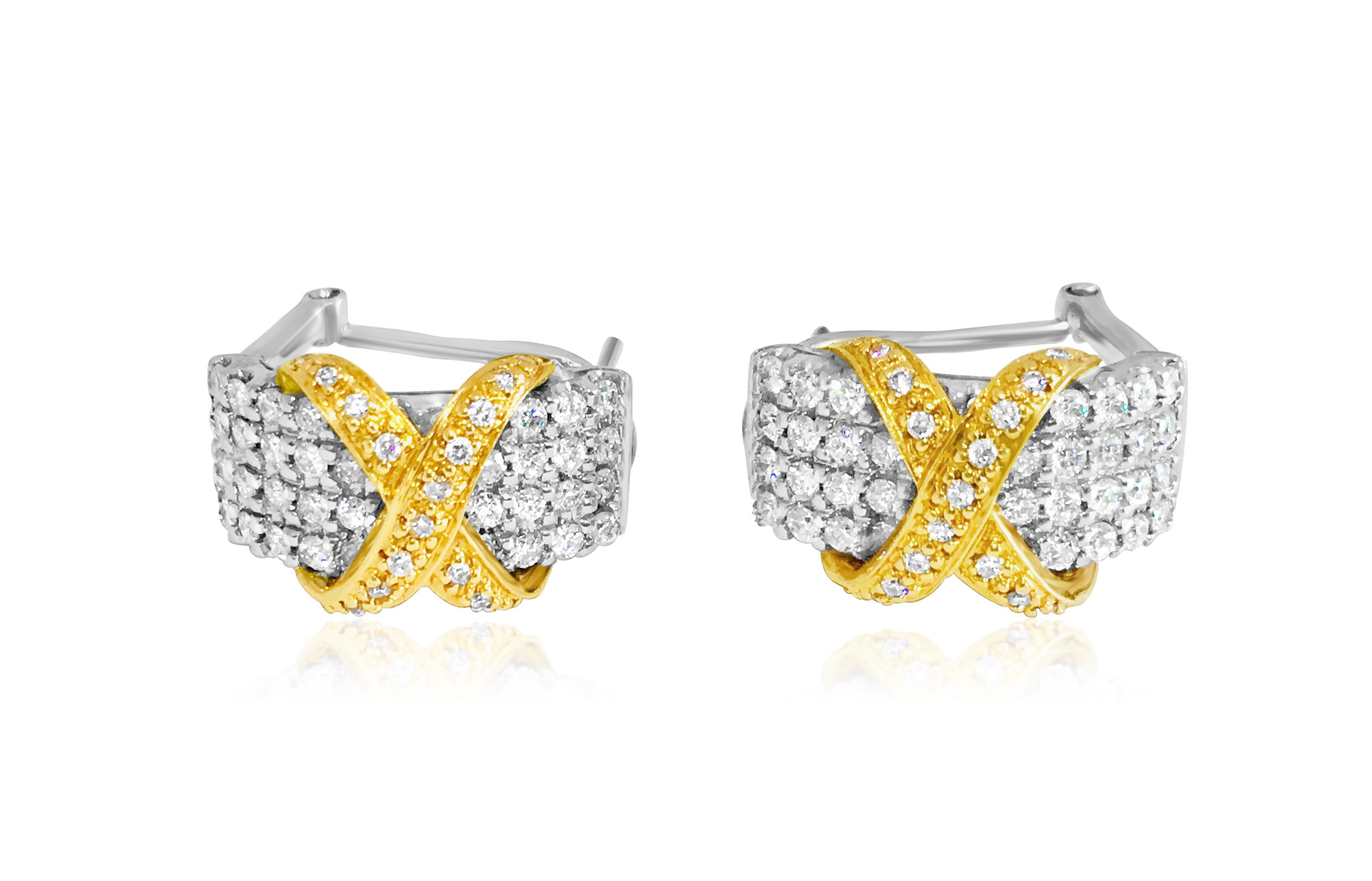 Women's 18K Gold Two Tone 2.00 Carat Diamond Earrings For Sale