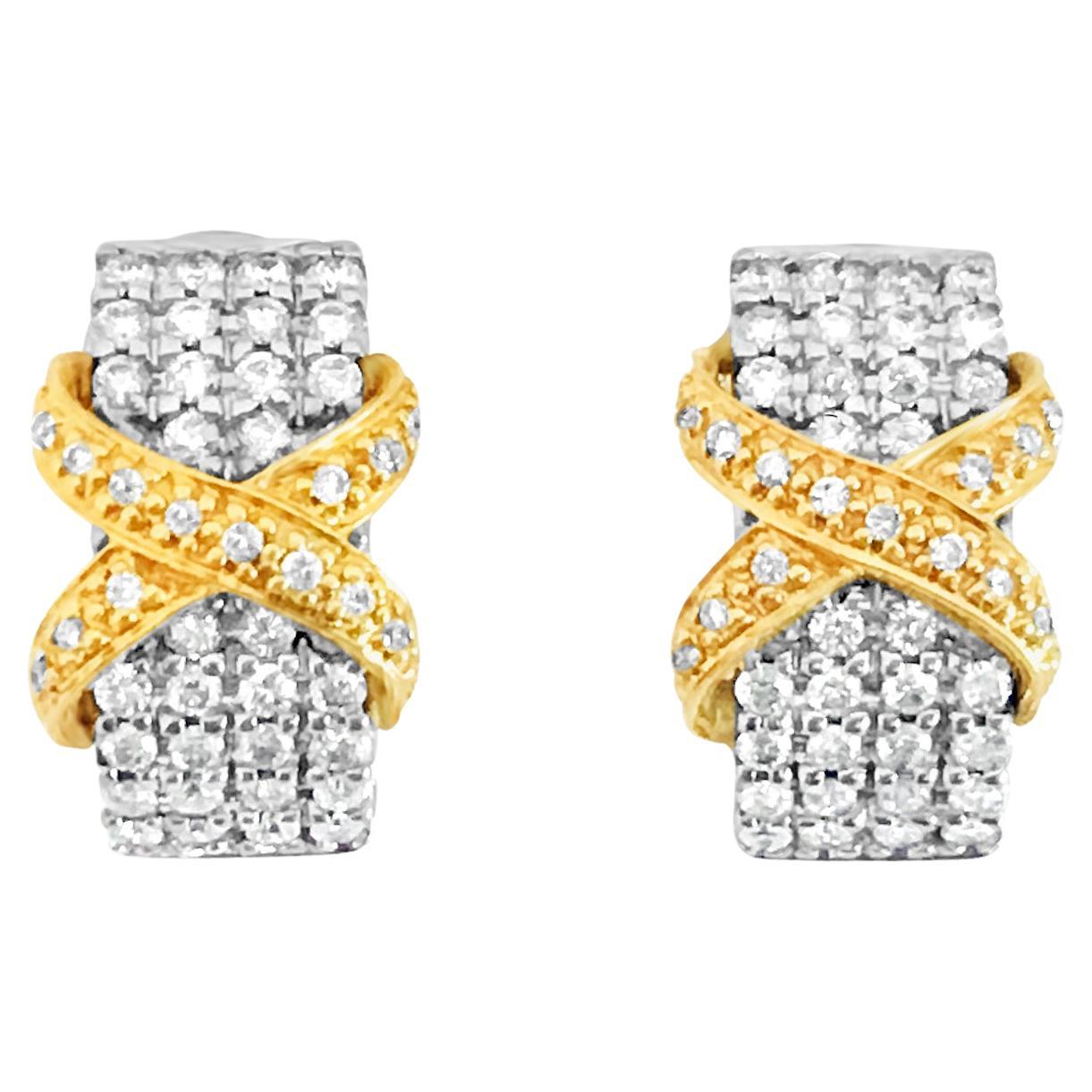 18K Gold Two Tone 2.00 Carat Diamond Earrings For Sale