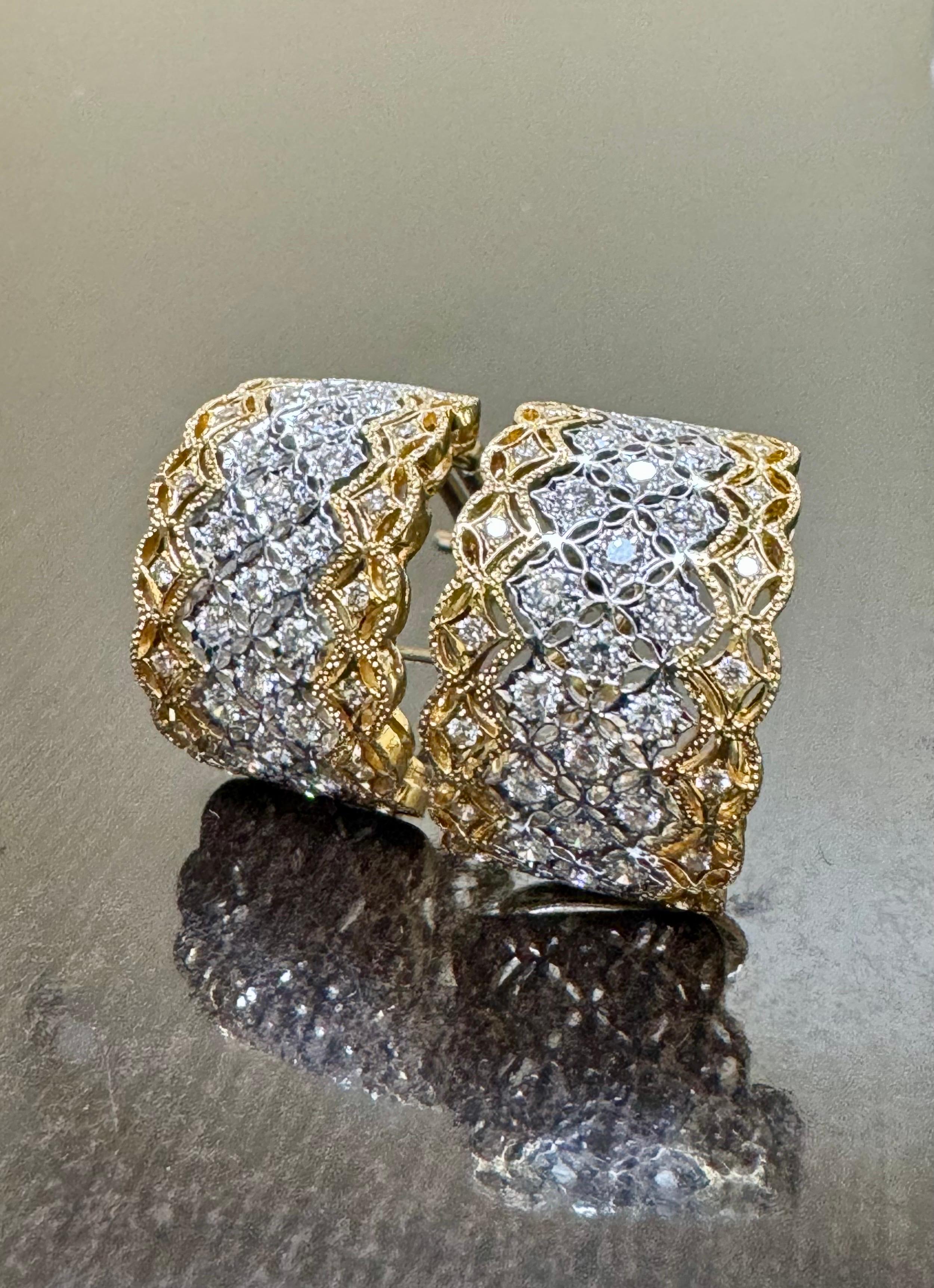 DeKara Design Collection 

Metal- 18K Yellow Gold, 18K White Gold, .750.  16.80 Grams.

Stones- 70 Round Diamonds G Color VS1-VS2 Clarity, 2.00 Carats.

Entirely Handmade Art Deco Inspired 18K Two Tone Gold Diamond Huggie Earrings.  This ring is