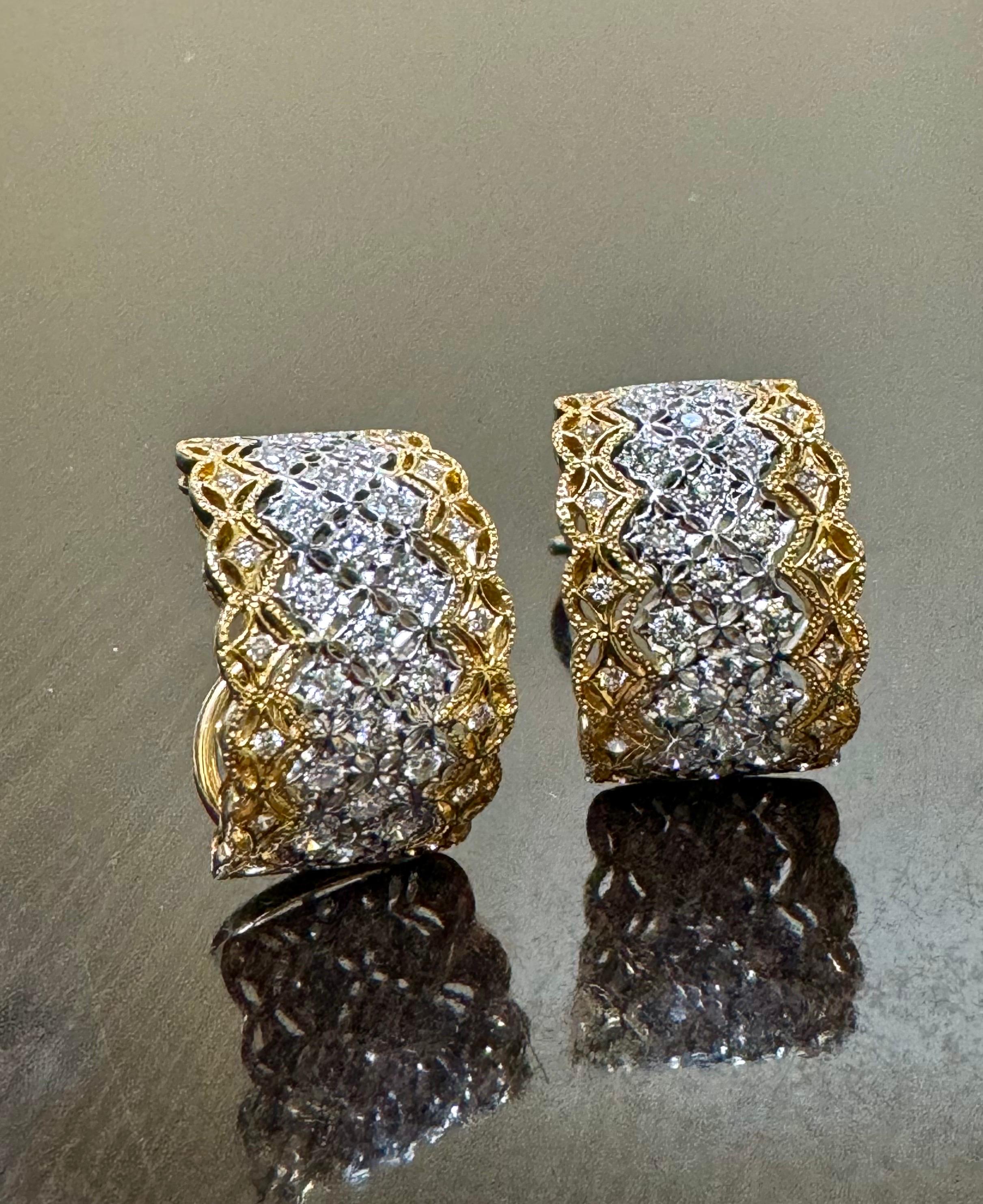Round Cut 18K Gold Two Tone 2.00 Carat Diamond Huggie Earrings For Sale