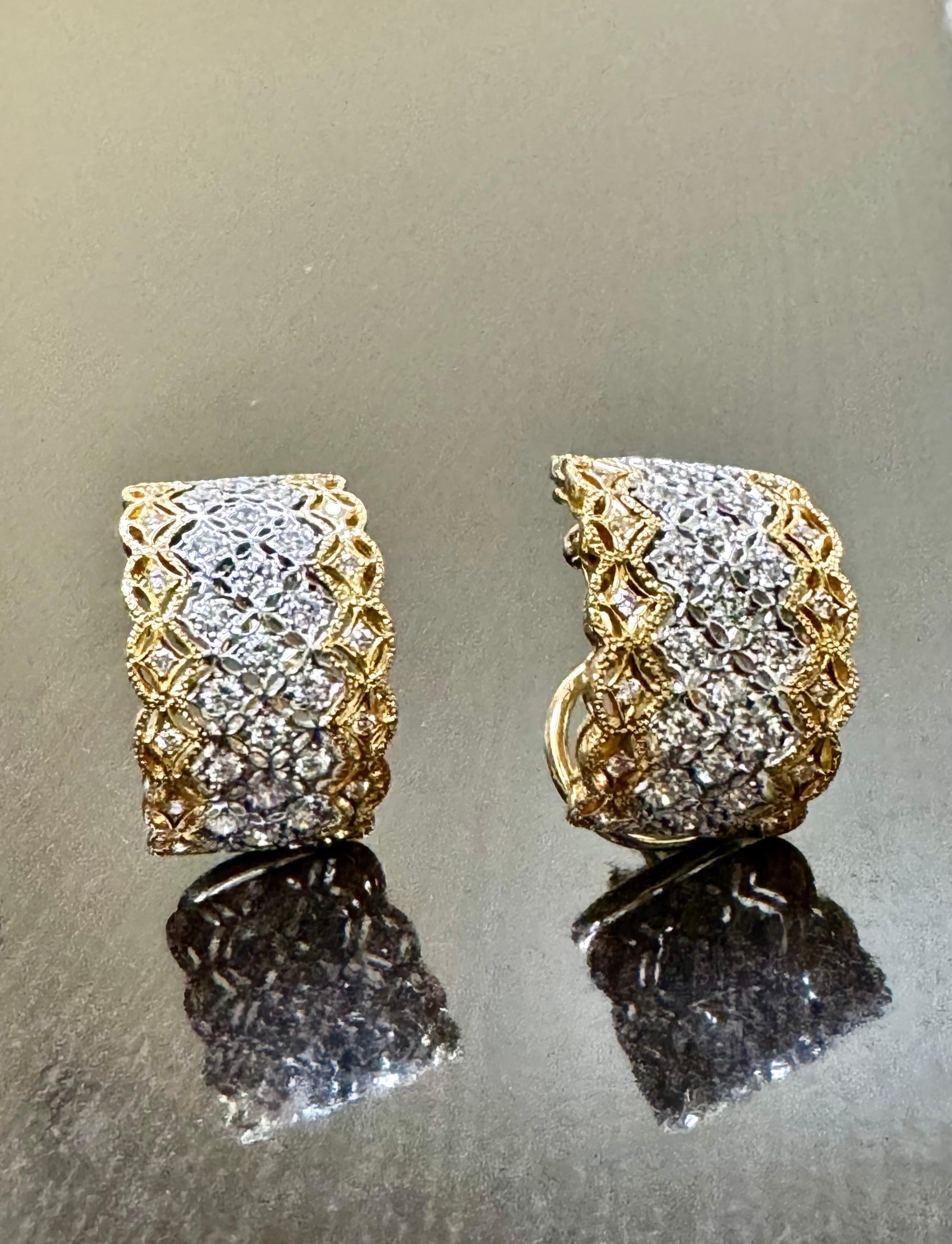 Women's 18K Gold Two Tone 2.00 Carat Diamond Huggie Earrings For Sale